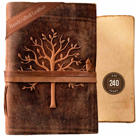 NomadCraftsCo. Vintage Leather Journal Tree of Life Embossed 11.5x8.25 Brown