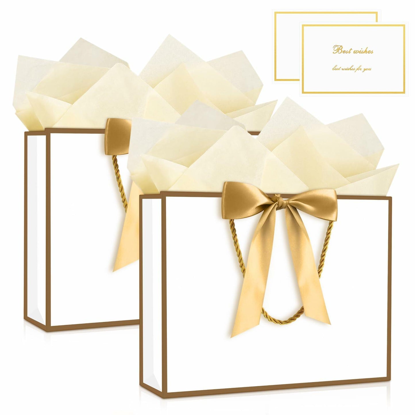 2PCS Medium Gift Bags with Tissue Paper Handle Bow Ribbon Golden White