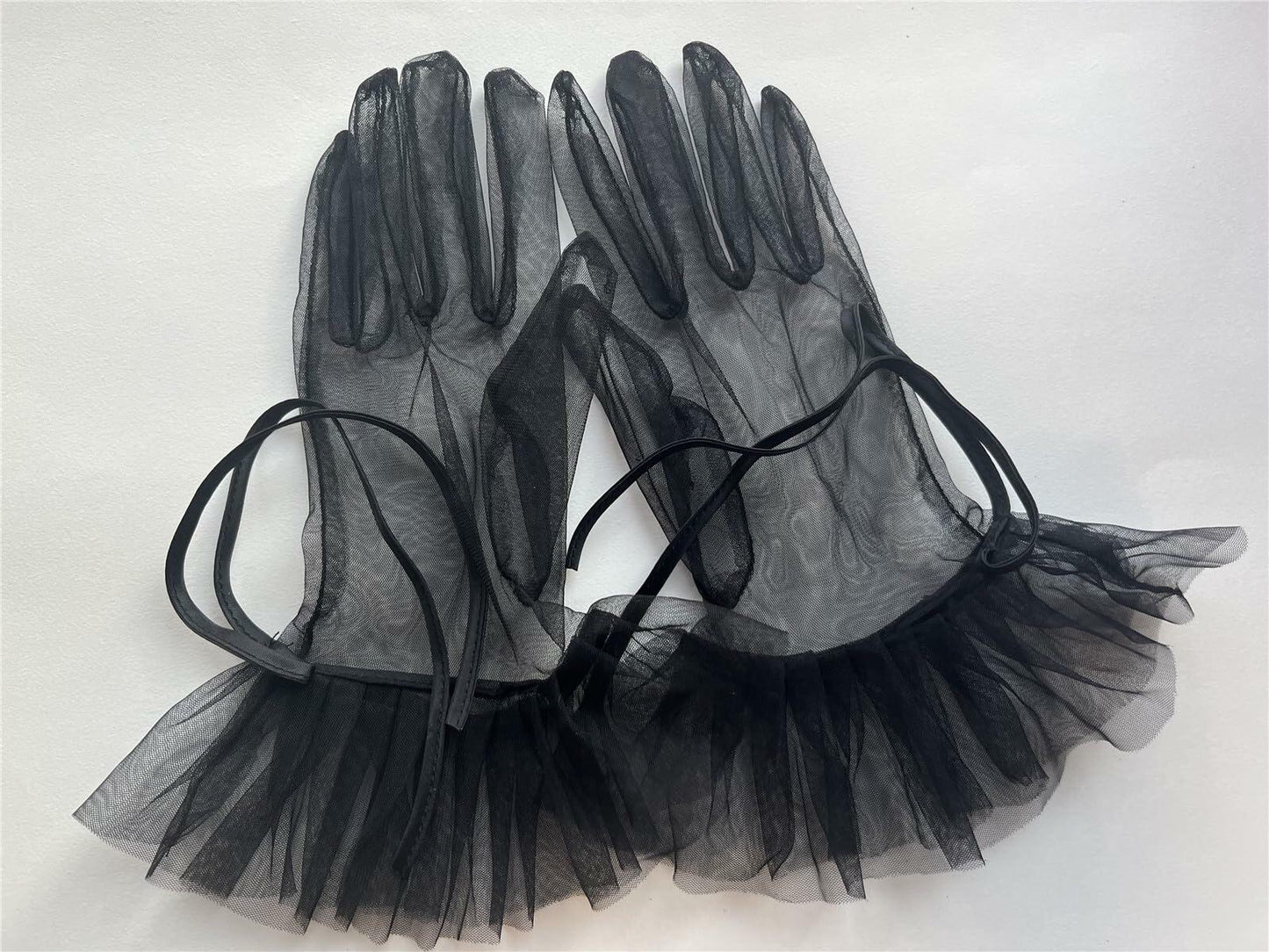 Women’s Ruffled Bow Mesh Wrist Gloves Tea Party Wedding Black