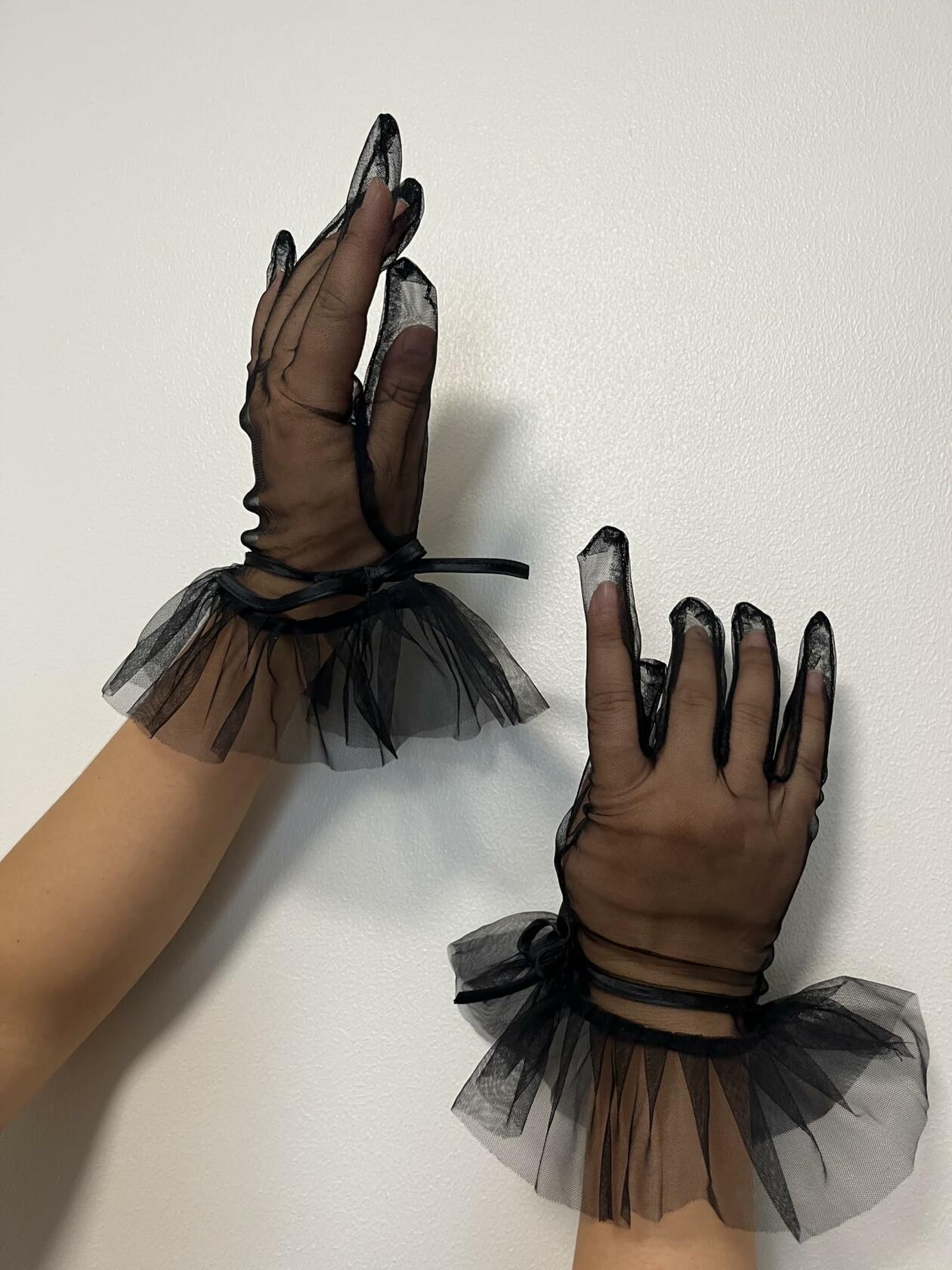Women’s Ruffled Bow Mesh Wrist Gloves Tea Party Wedding Black
