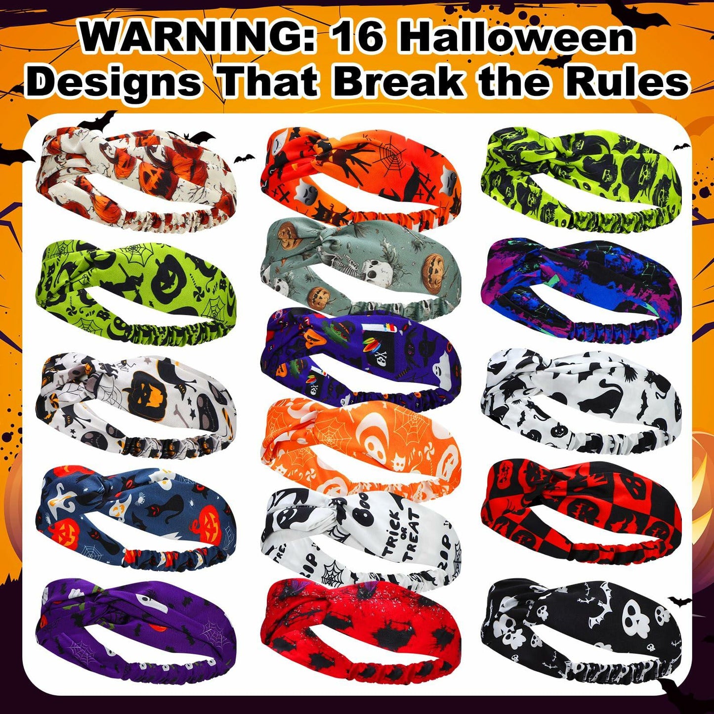JaGely 16 Pcs Halloween Elastic Headbands Colorful Cartoon Non Slip