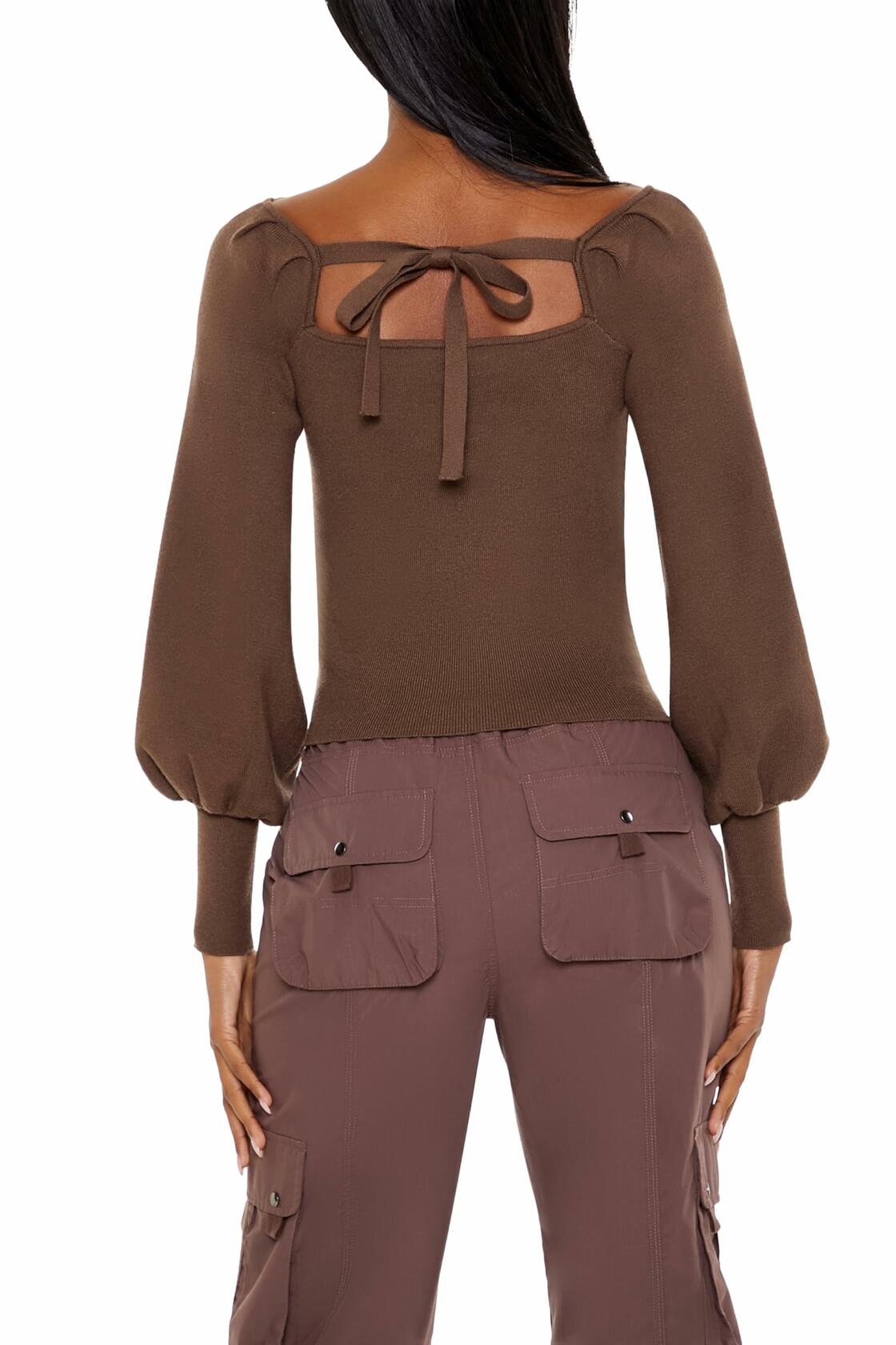 Forever 21 Gigot-Sleeve Sweater-Knit Crop Top Espresso Brown Size XS