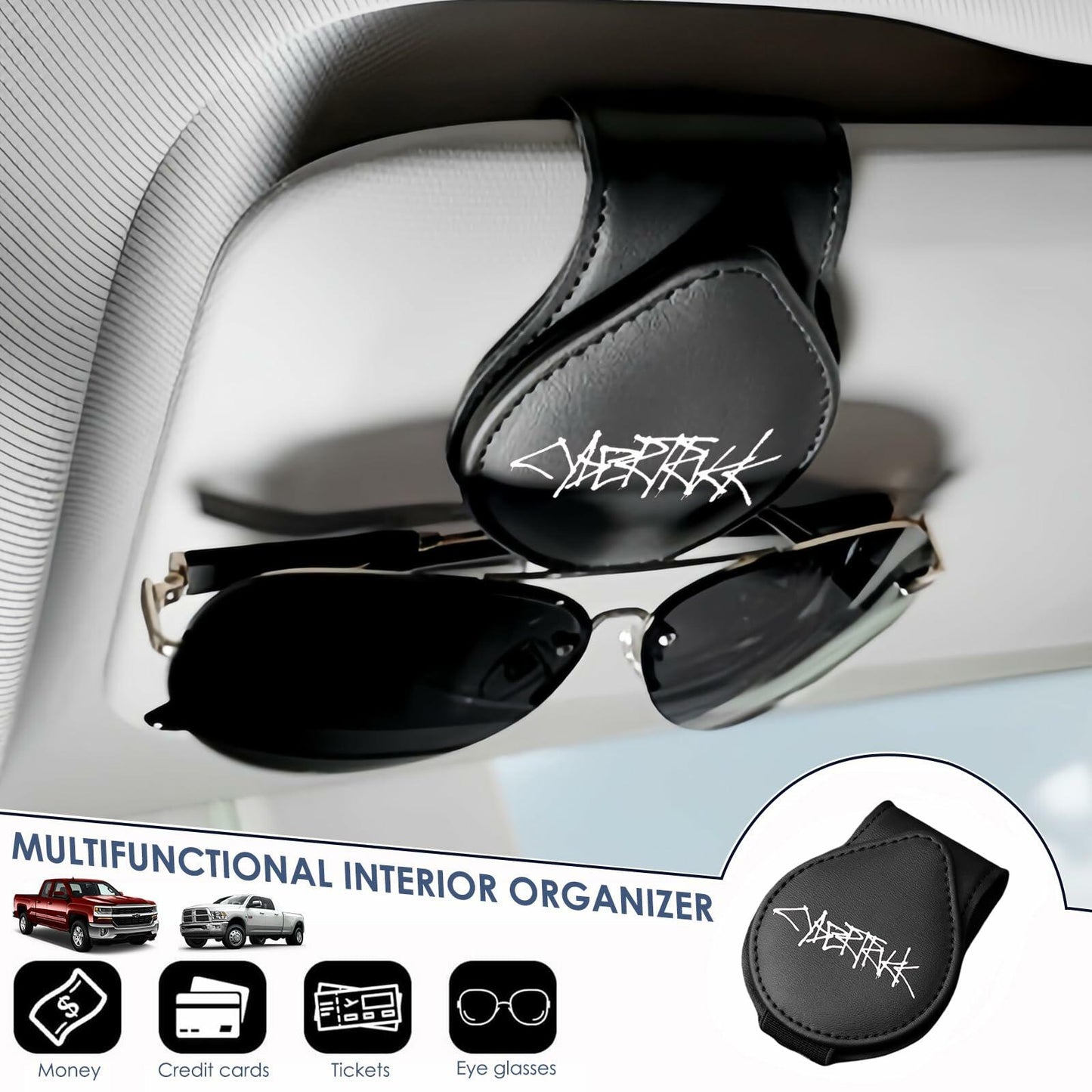 TSTESE Car Sunglass Holder Tesla Cybertruck 2024-2025 Leather White Organizer