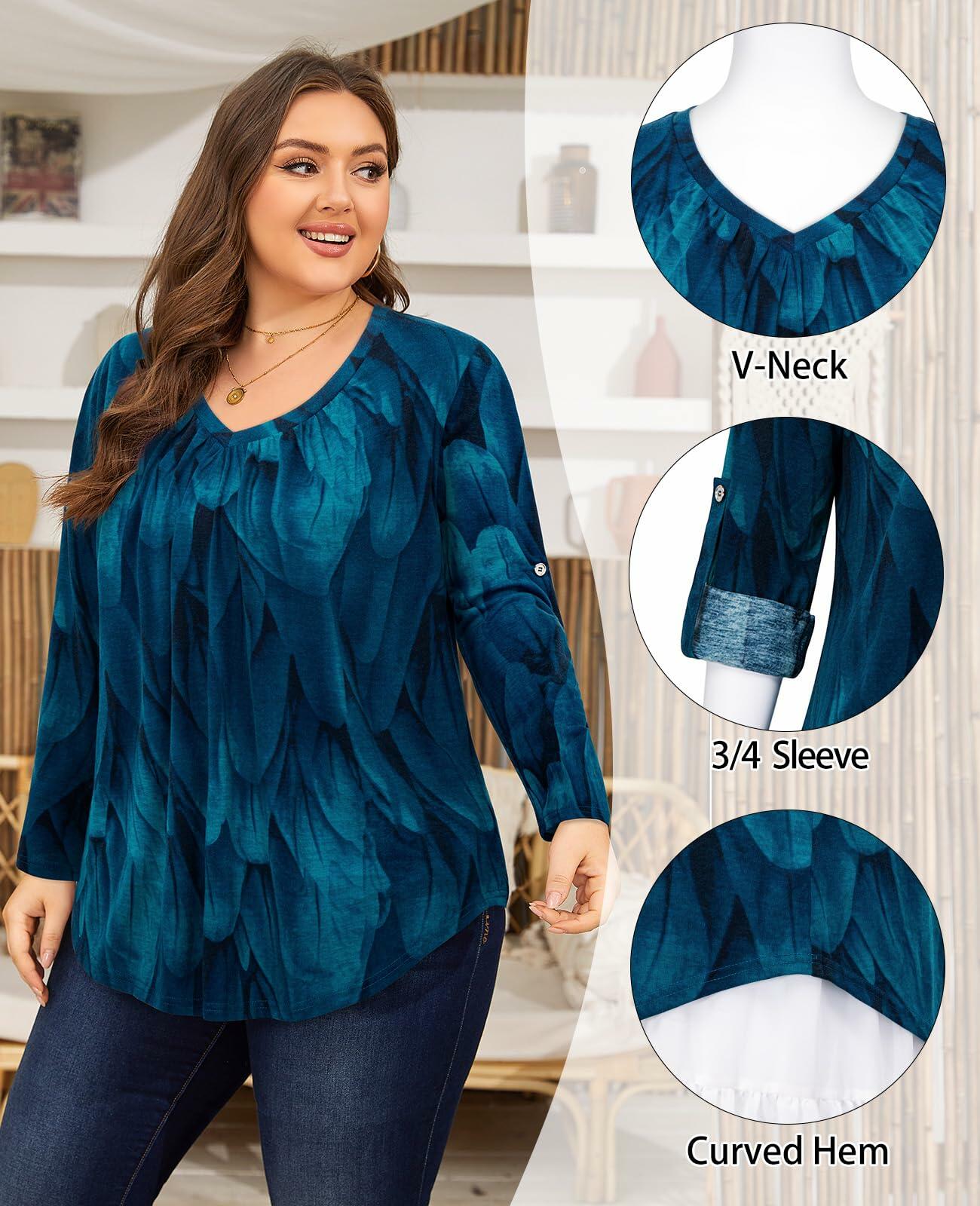 Amrto Plus Size V Neck 3/4 Sleeve Tunic Top Black Gray Size XXL