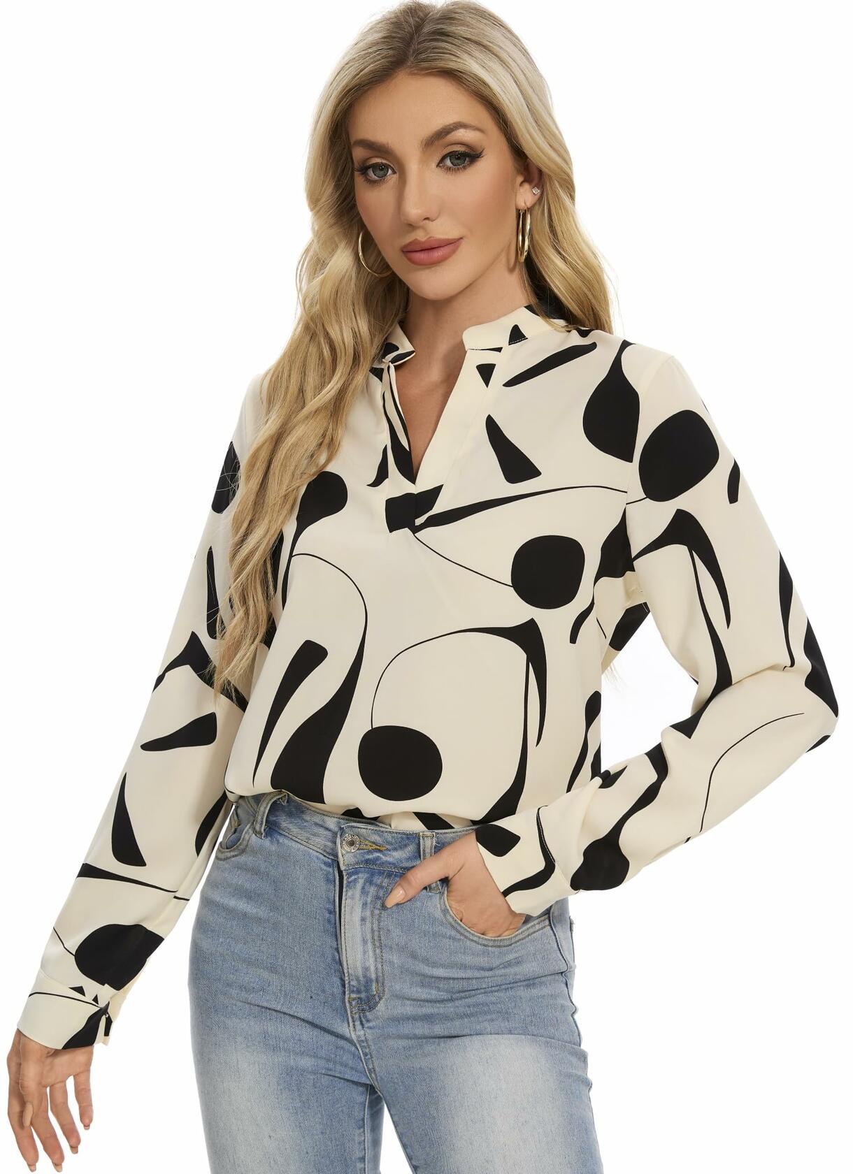 VIPONES Women V Neck Puff Sleeve Floral Blouse Lightweight 530-White Size M