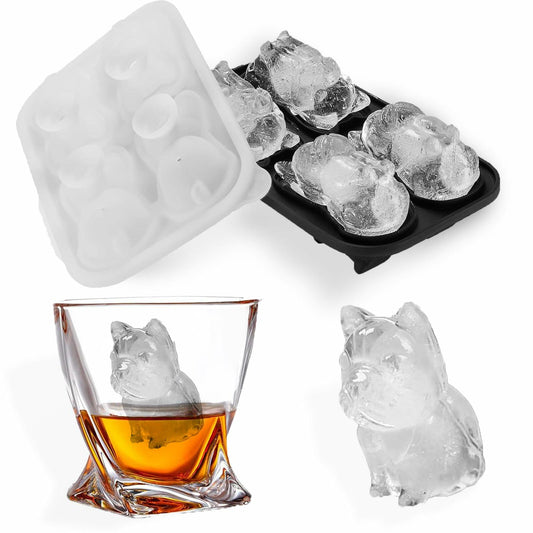 Siyoriot 3D French Bulldog Ice Cube Mold 4 Hole Black BPA Free Silicone