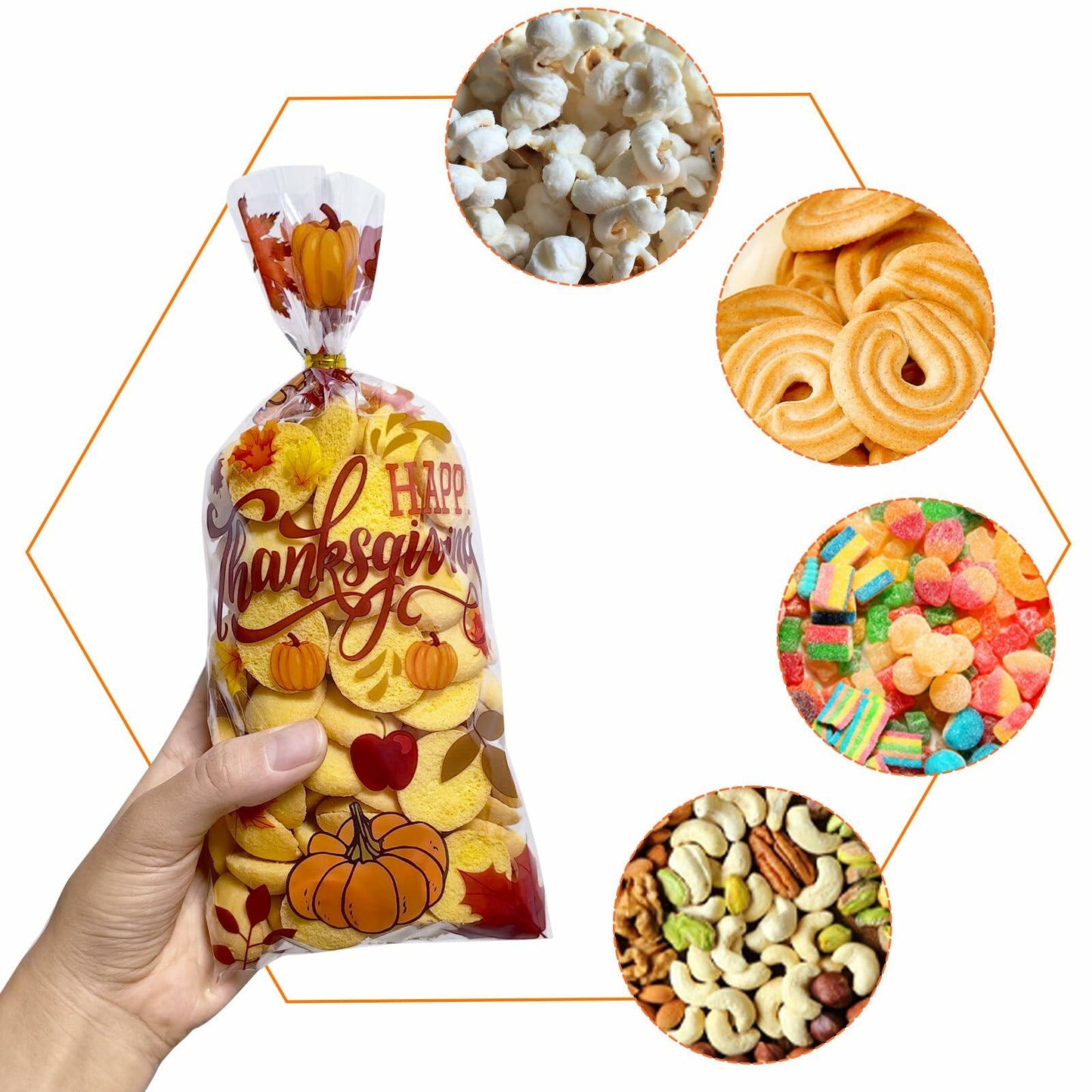 QOIUSO 100PCS Thanksgiving Treat Bags with 110 Twist Ties Pumpkin Leaf