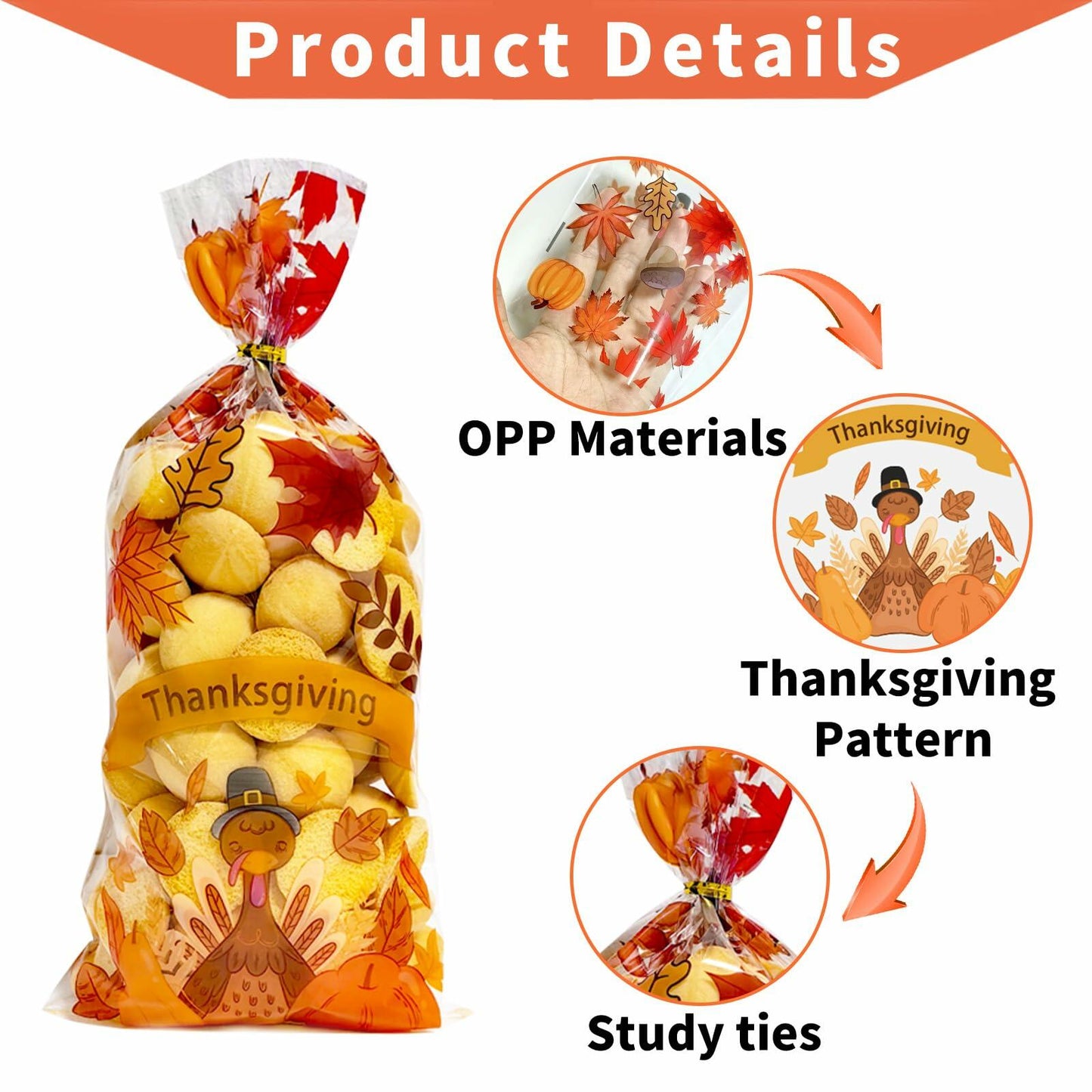 QOIUSO 100PCS Thanksgiving Treat Bags with 110 Twist Ties Pumpkin Leaf