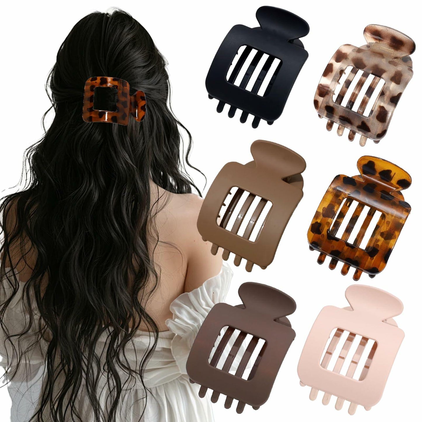 6Pcs Flat Square Leopard Hair Clips Large Claw Clips Non Slip Strong Hold