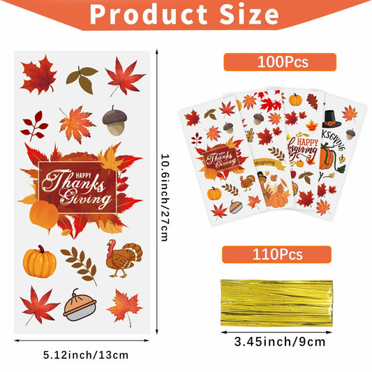 QOIUSO 100PCS Thanksgiving Treat Bags with 110 Twist Ties Pumpkin Leaf