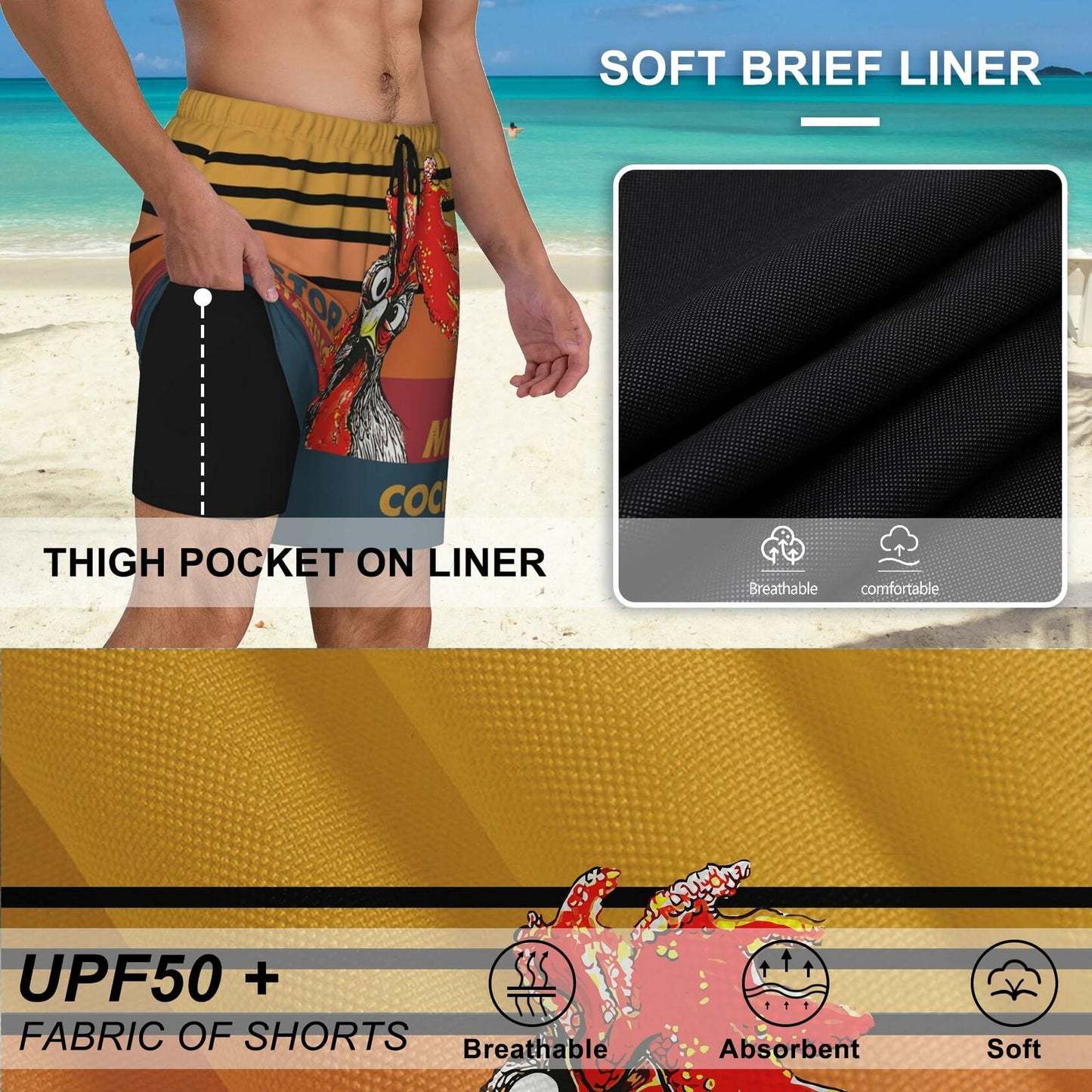 SolAzul Men's Swimming Trunks Funny Beach Board Shorts Quick Dry XL