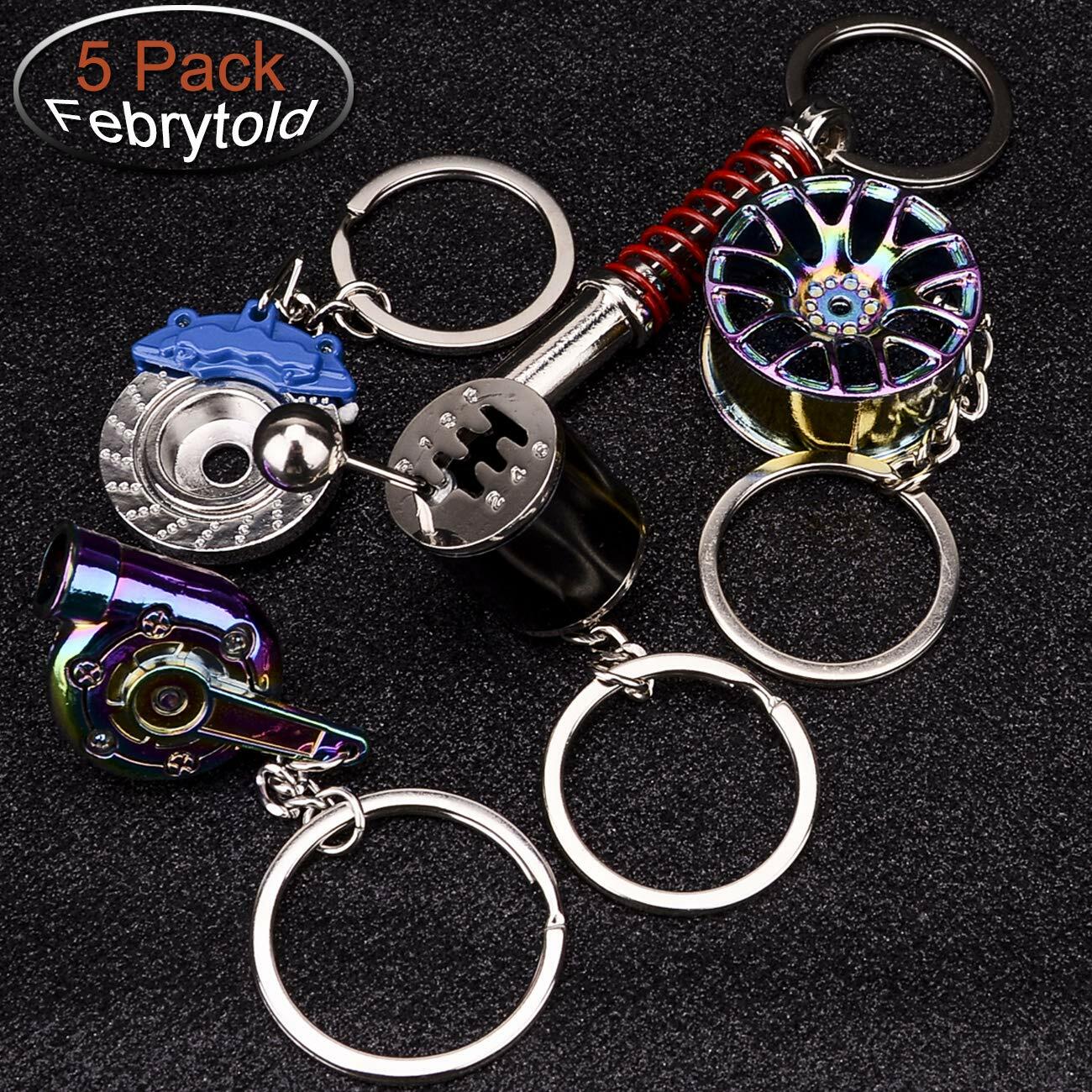 FEBRYTOLD 5pcs Car Parts Key Chains Turbo Gearbox Tire Brake Spring Metal Red