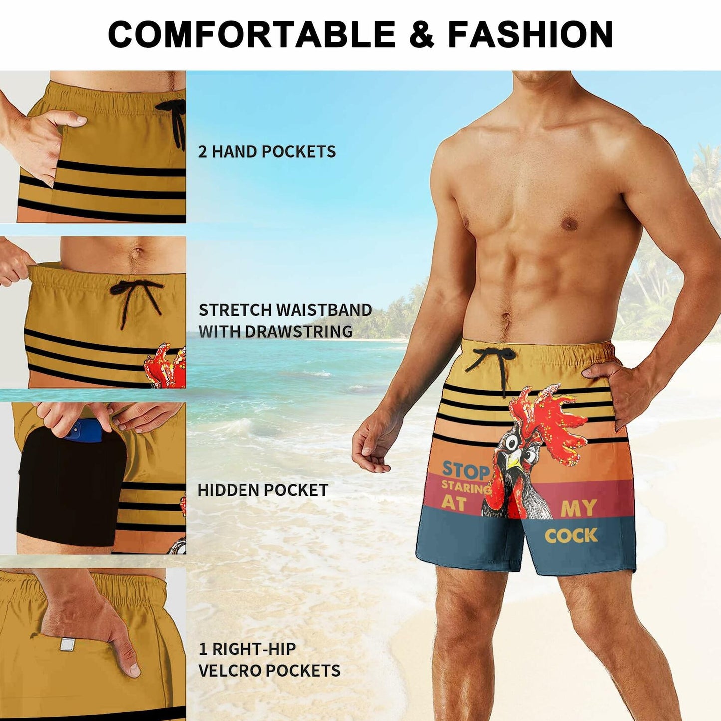 SolAzul Men's Swimming Trunks Funny Beach Board Shorts Quick Dry XL