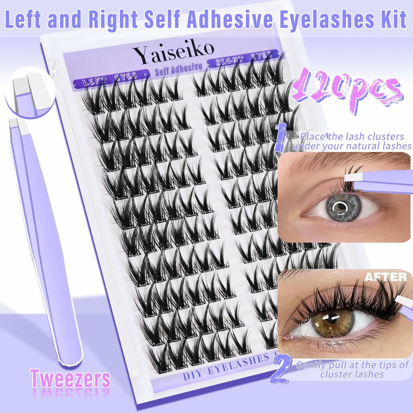 Yaiseiko Self-Adhesive Manga Lash Clusters 120pcs 8-16mm No Glue Kit