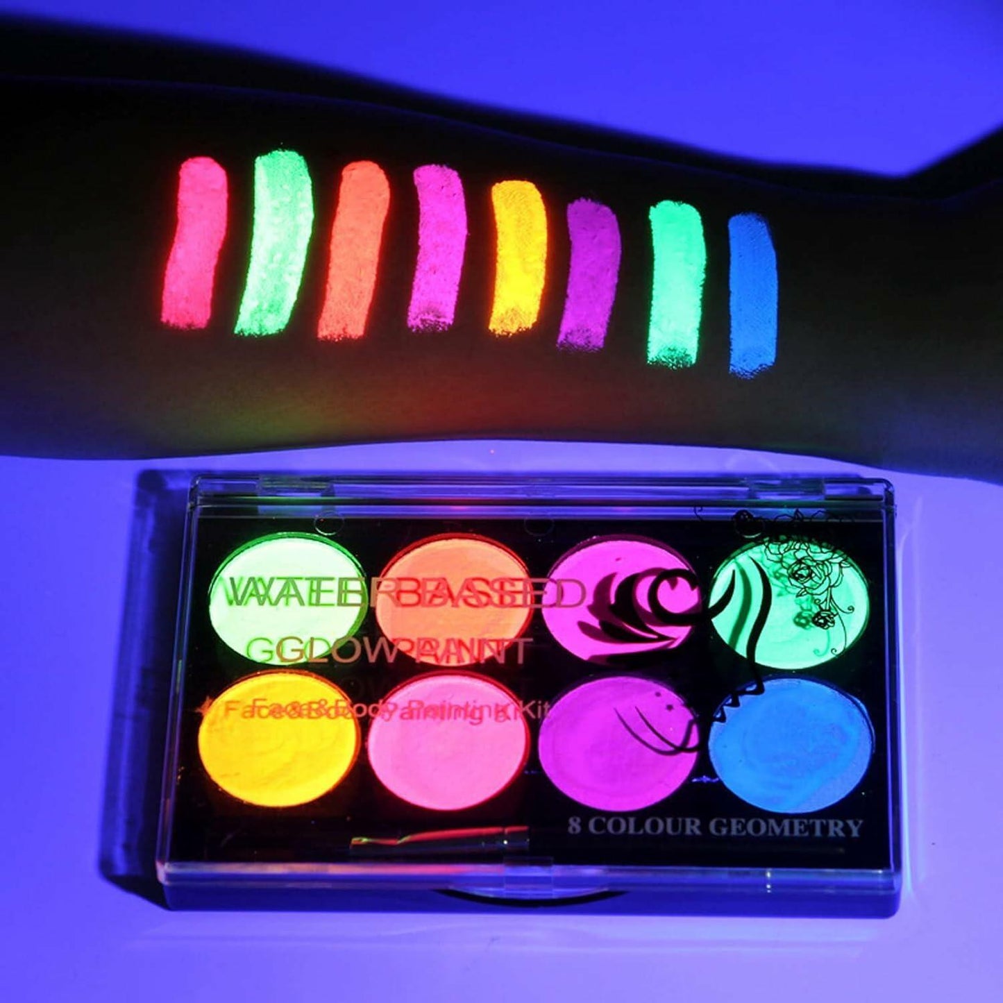 8 Neon UV Face & Body Paint Kit – Water-Based, Glow, Washable, Halloween