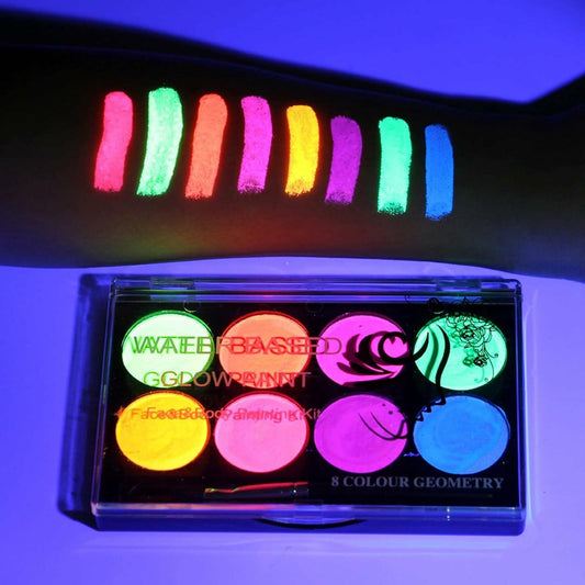 8 Neon UV Face & Body Paint Kit – Water-Based, Glow, Washable, Halloween