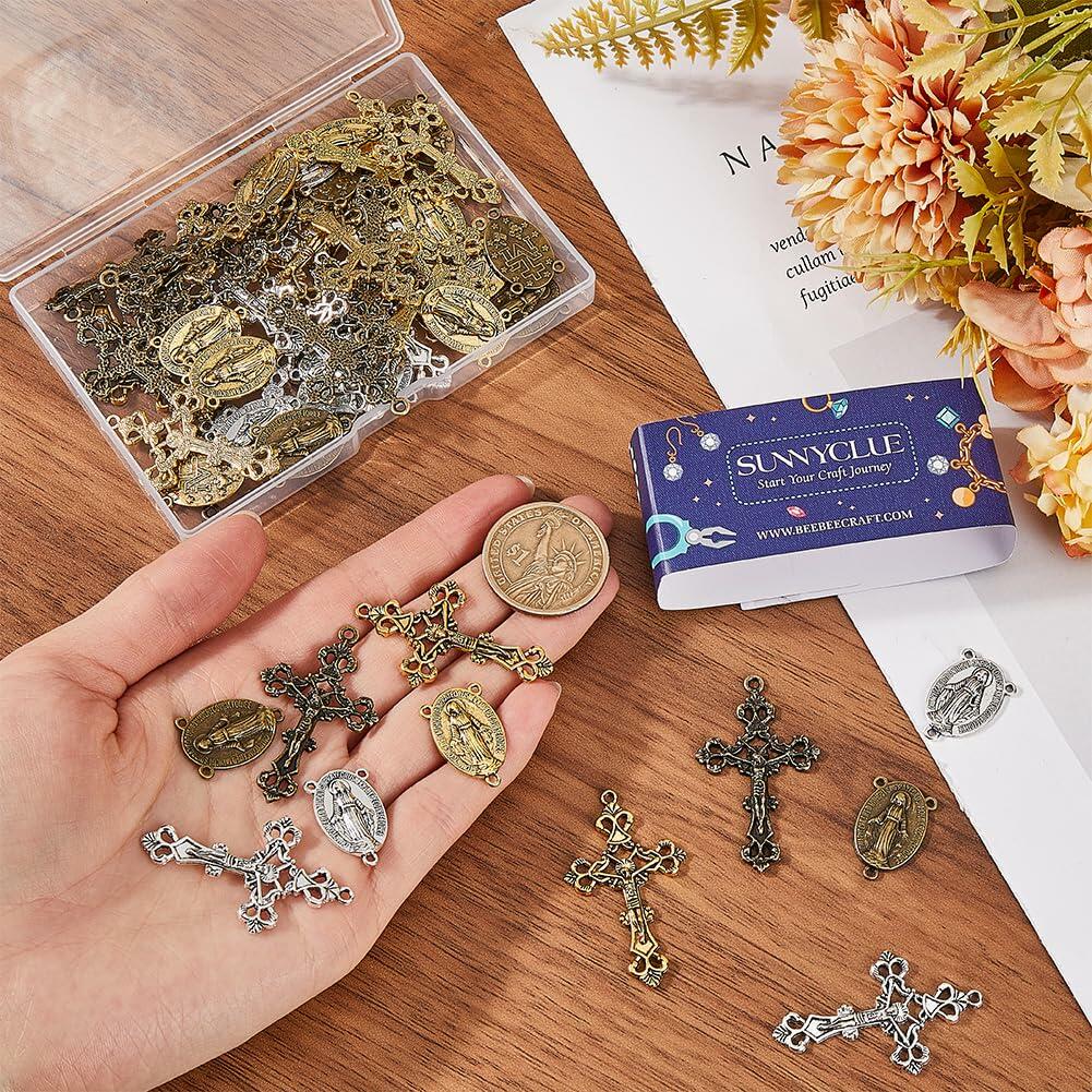 SUNNYCLUE 60Pcs Rosary Cross Charms Crucifix DIY Jewelry Making Findings
