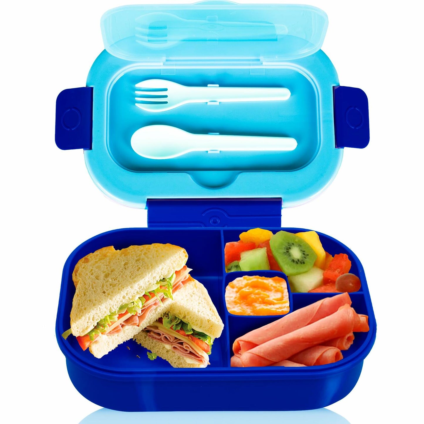 DifaBella Kids Lunch Box – 4-Compartment Bento Box with Spoon & Fork (Blue)