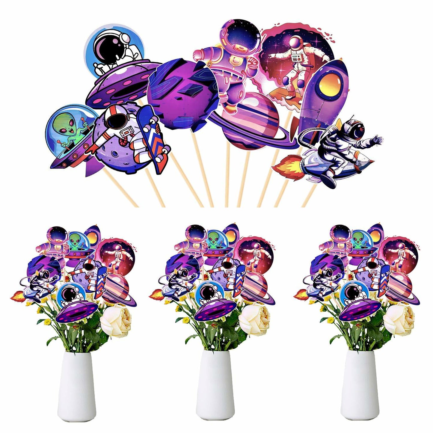 Outer Space Cake & Table Toppers 27pcs – Astronaut, Rocket & Alien Party Decor