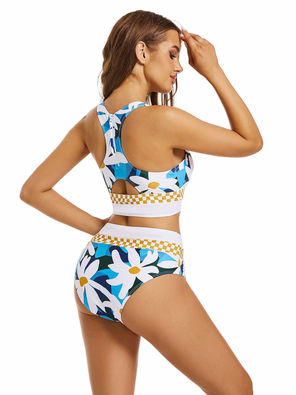 Subriank 2-Piece High-Waist Colorblock Swimsuit for Women (DeepSkyBlue, M)