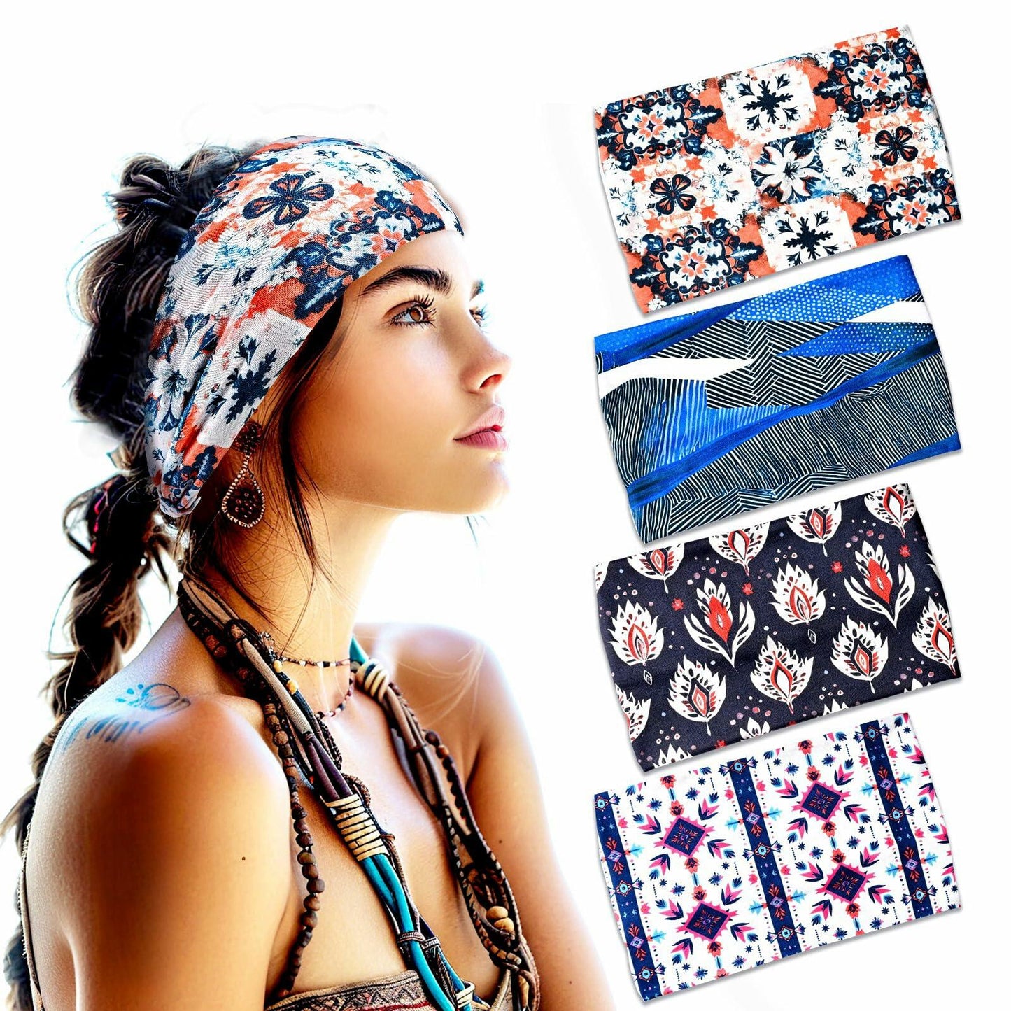 4-Pack Boho Knotted Wide Headbands for Women Yoga Workout African Head Wrap