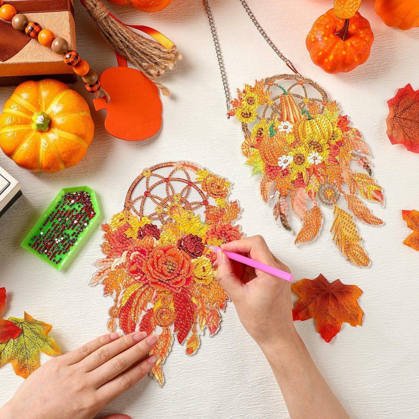 Saillong Fall Thanksgiving Diamond Art Suncatcher Pumpkin Hanging Decor 2PCS
