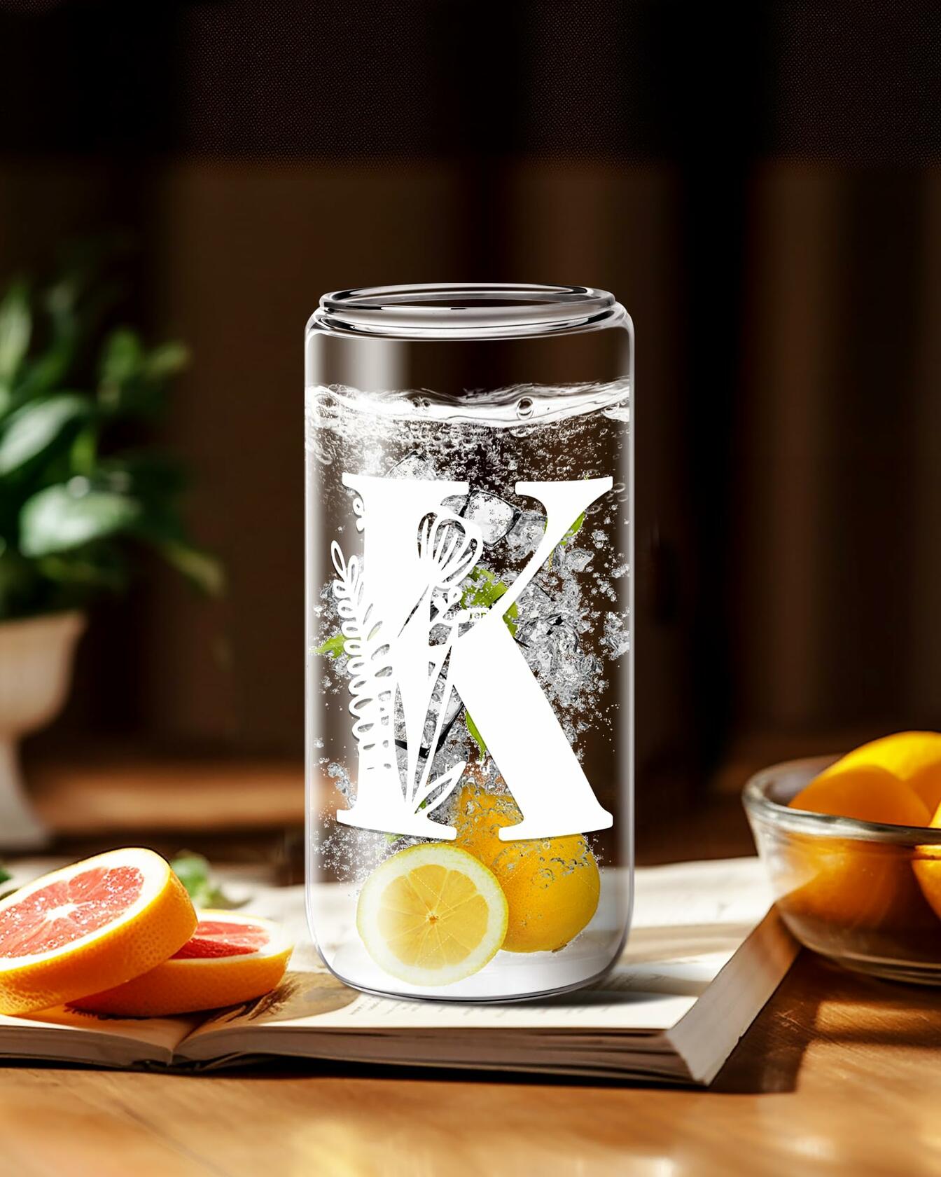 Monogrammed Glass Tumbler Cup with Lid & Straw Personalized Gift OPEN BOX