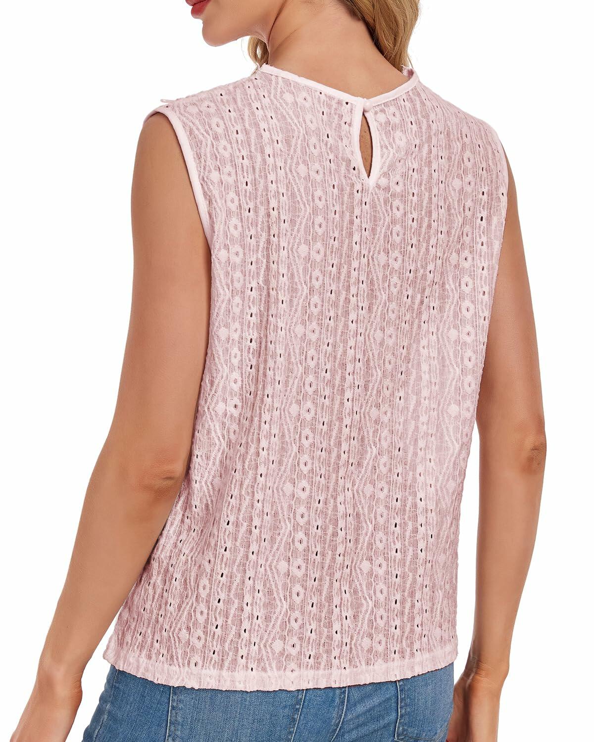 AGWISH Women’s Sleeveless Ruffle Lace Blouse Semi Sheer Floral Light Pink XL