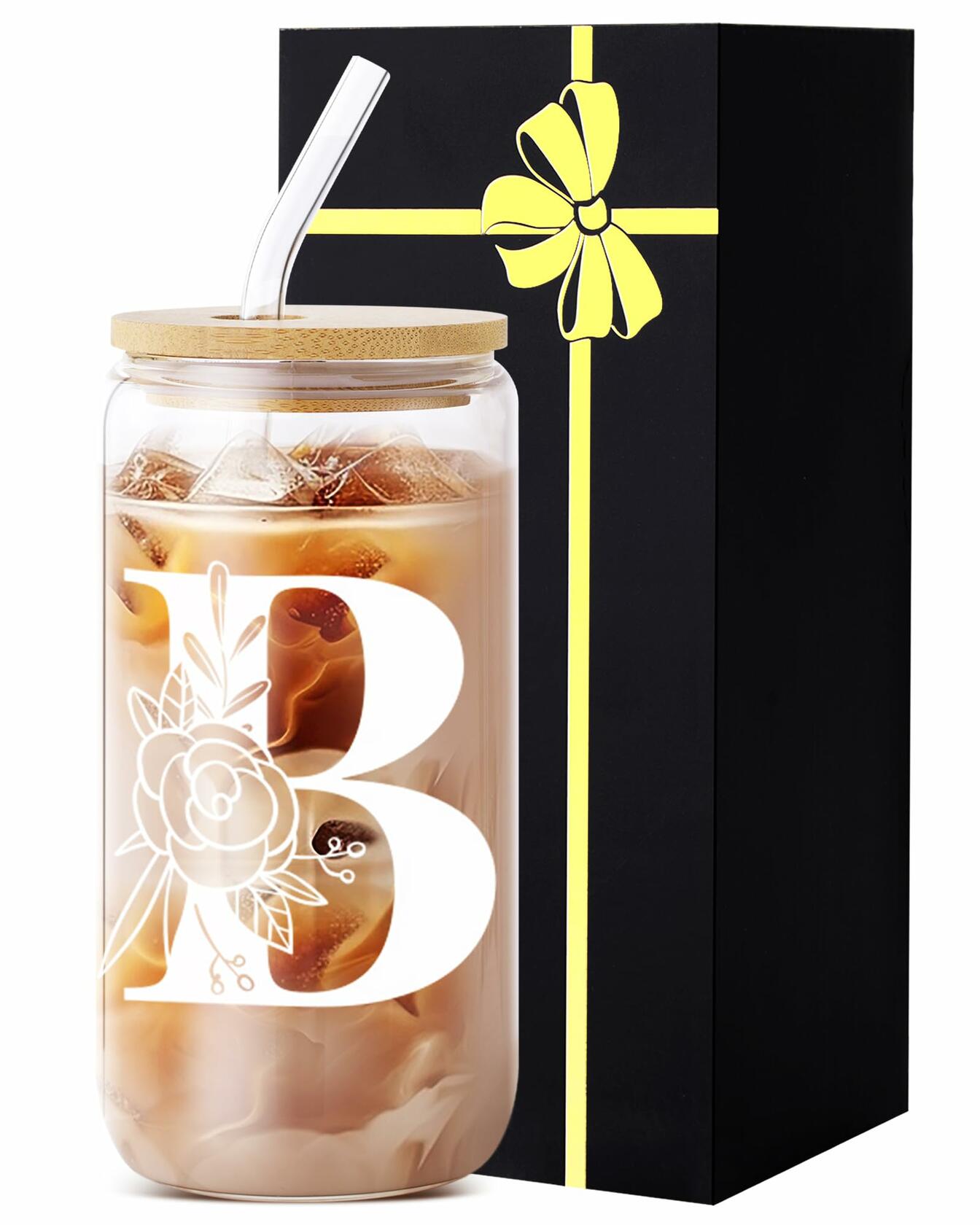 Monogrammed Glass Tumbler Cup with Lid & Straw Personalized Gift OPEN BOX