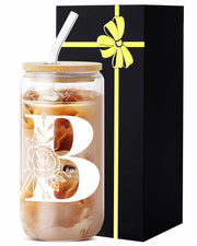 Monogrammed Glass Tumbler Cup with Lid & Straw Personalized Gift OPEN BOX