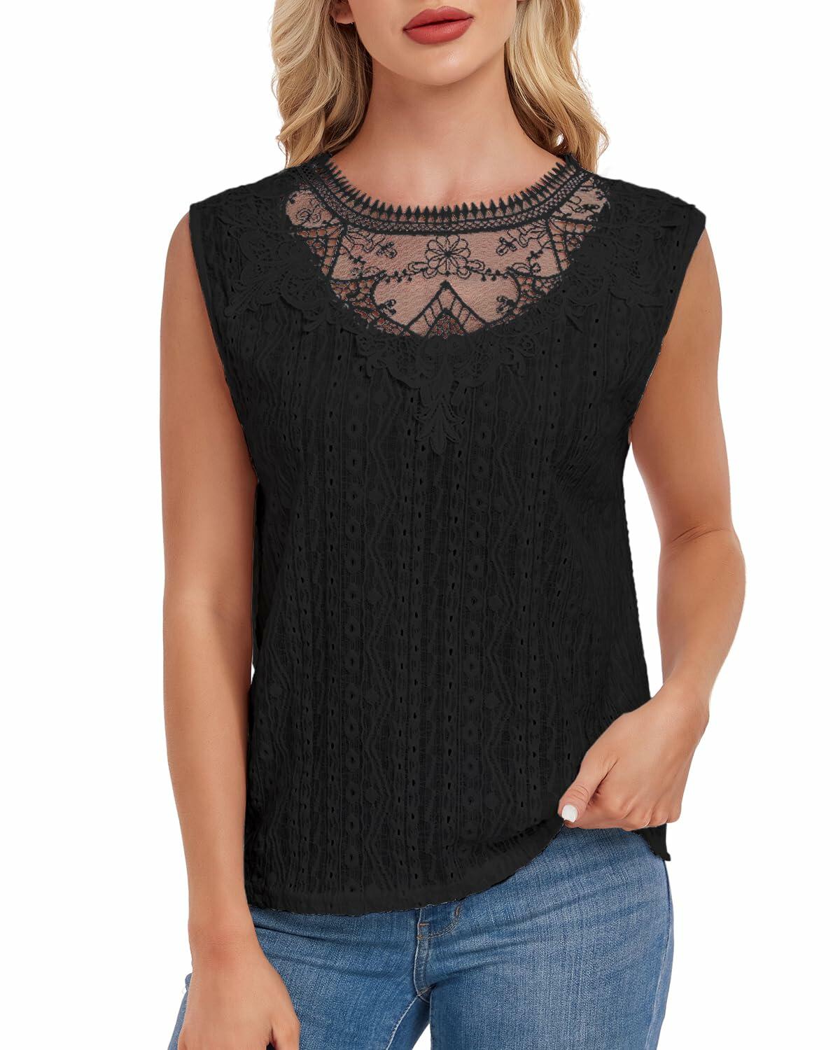 AGWISH Women’s Lace Tank Top Sleeveless Summer Casual Slim Fit Black S