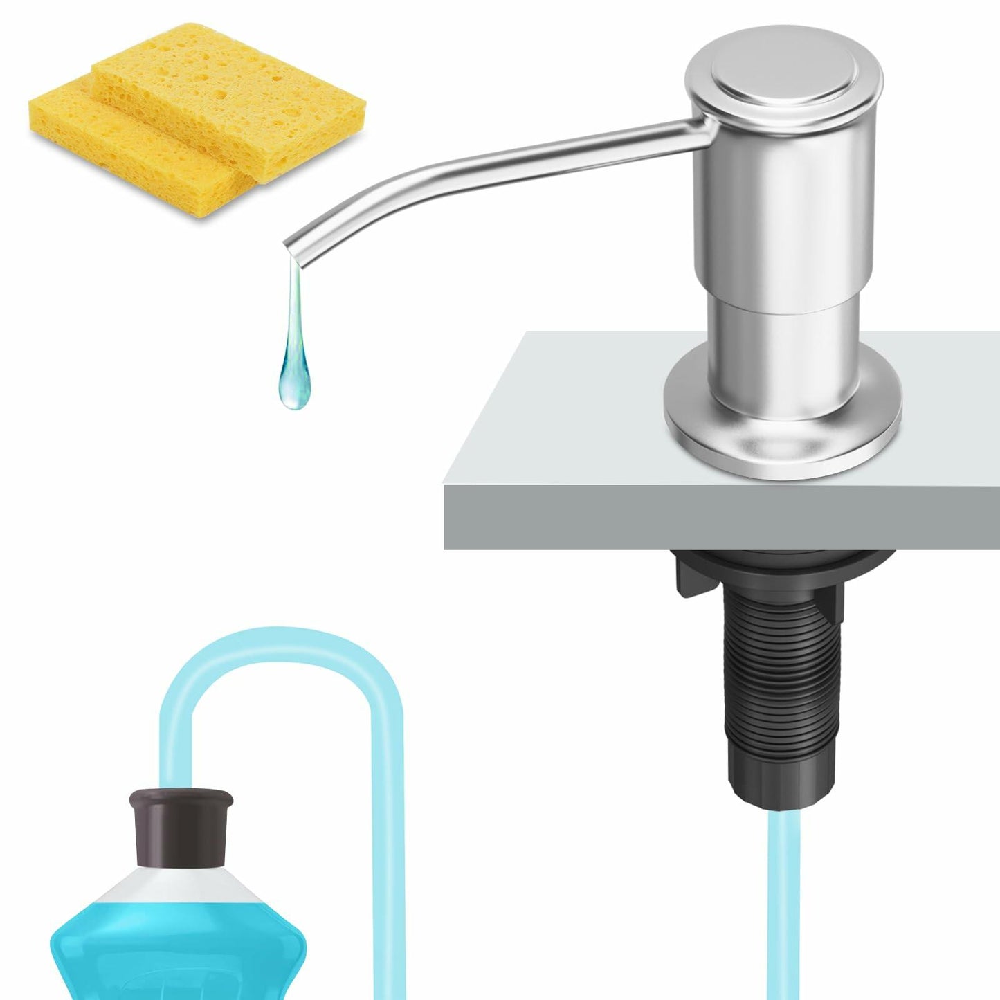 Kitchen Sink Soap Dispenser Brushed Nickel with Pump, Tube & 2 Sponges