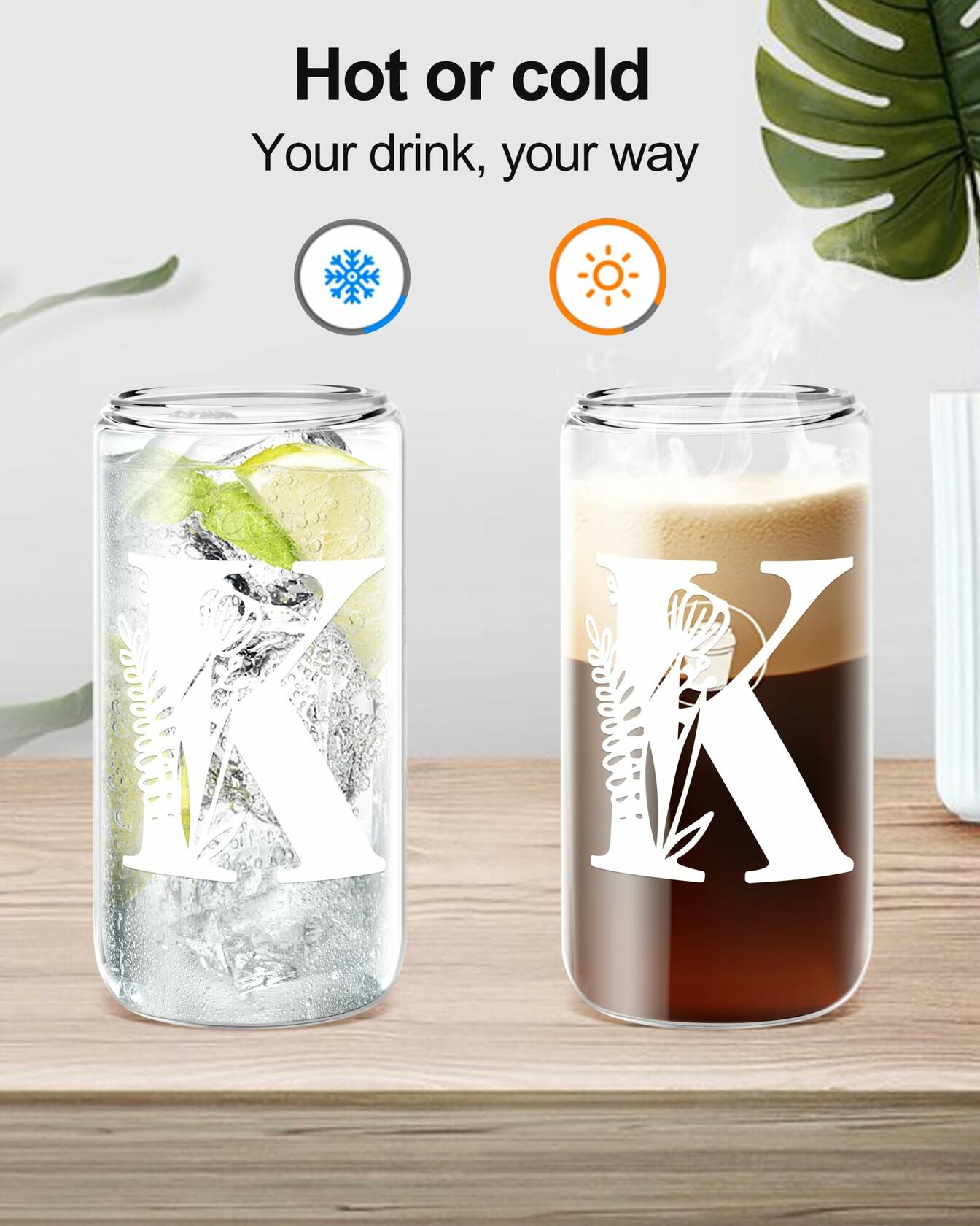 Monogrammed Glass Tumbler Cup with Lid & Straw Personalized Gift OPEN BOX