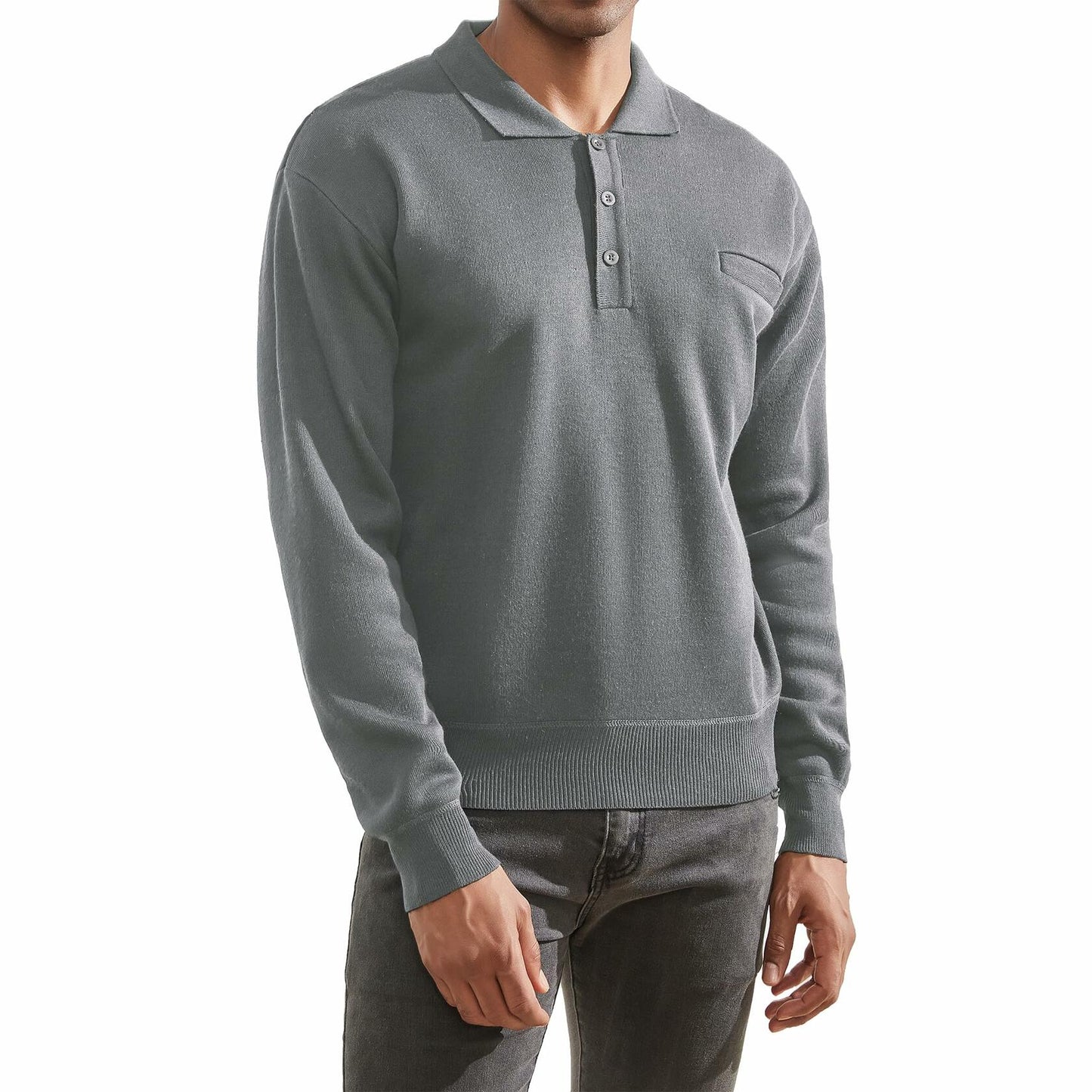 Thkzn Men’s Knit Polo Sweater Grey Long Sleeve Fleece Lined XL Classic