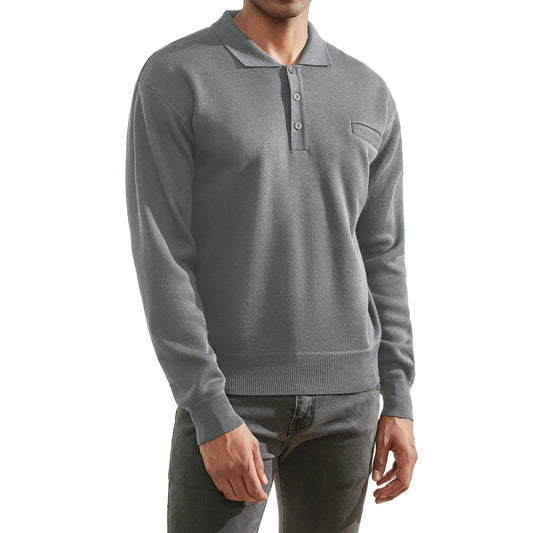Thkzn Men’s Knit Polo Sweater Grey Long Sleeve Fleece Lined XL Classic