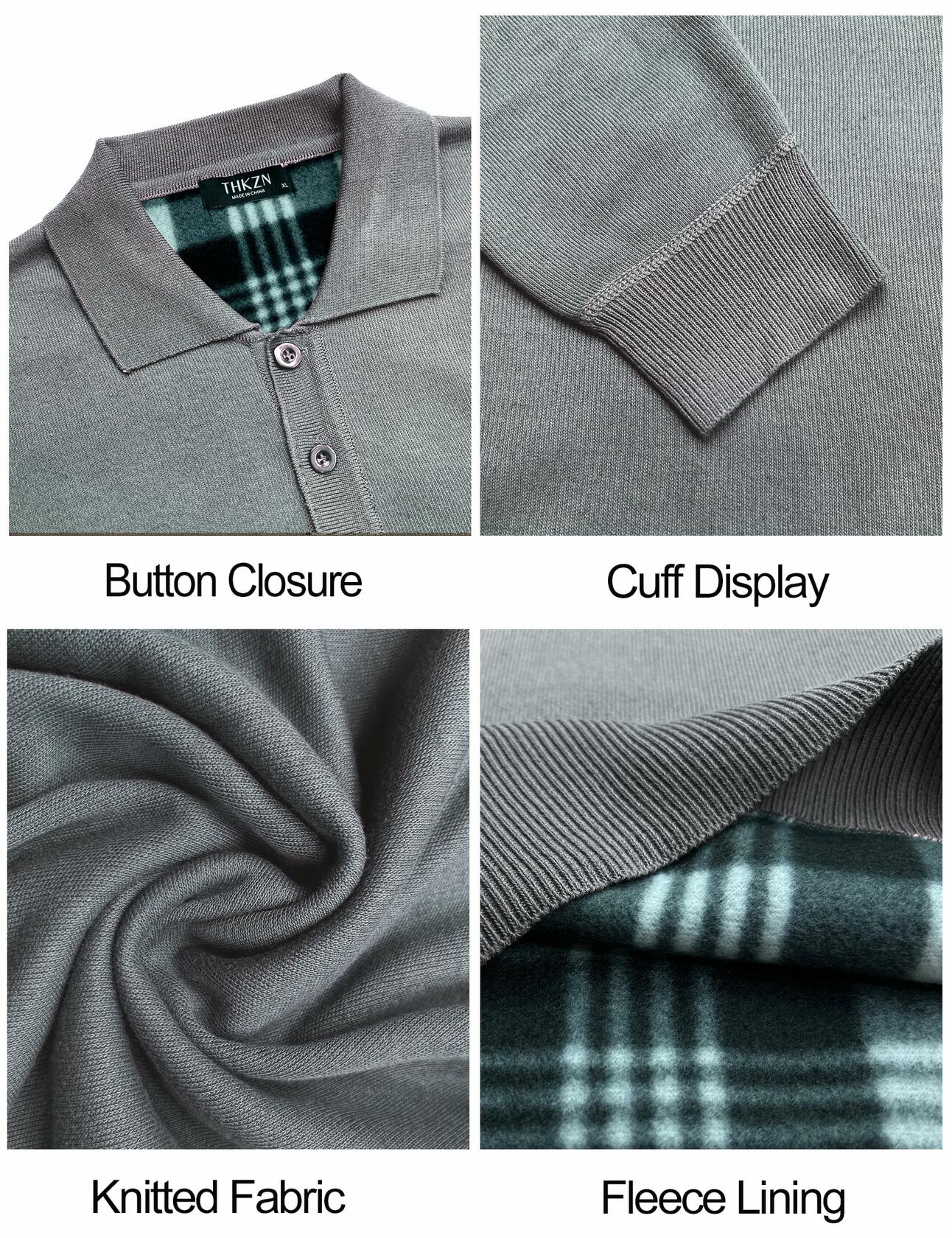 Thkzn Men’s Knit Polo Sweater Grey Long Sleeve Fleece Lined XL Classic