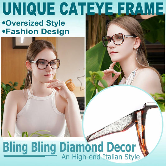 Yiwaeye Oprah Style Oversized Reading Glasses +1.5 with Chain Black/Tortoise