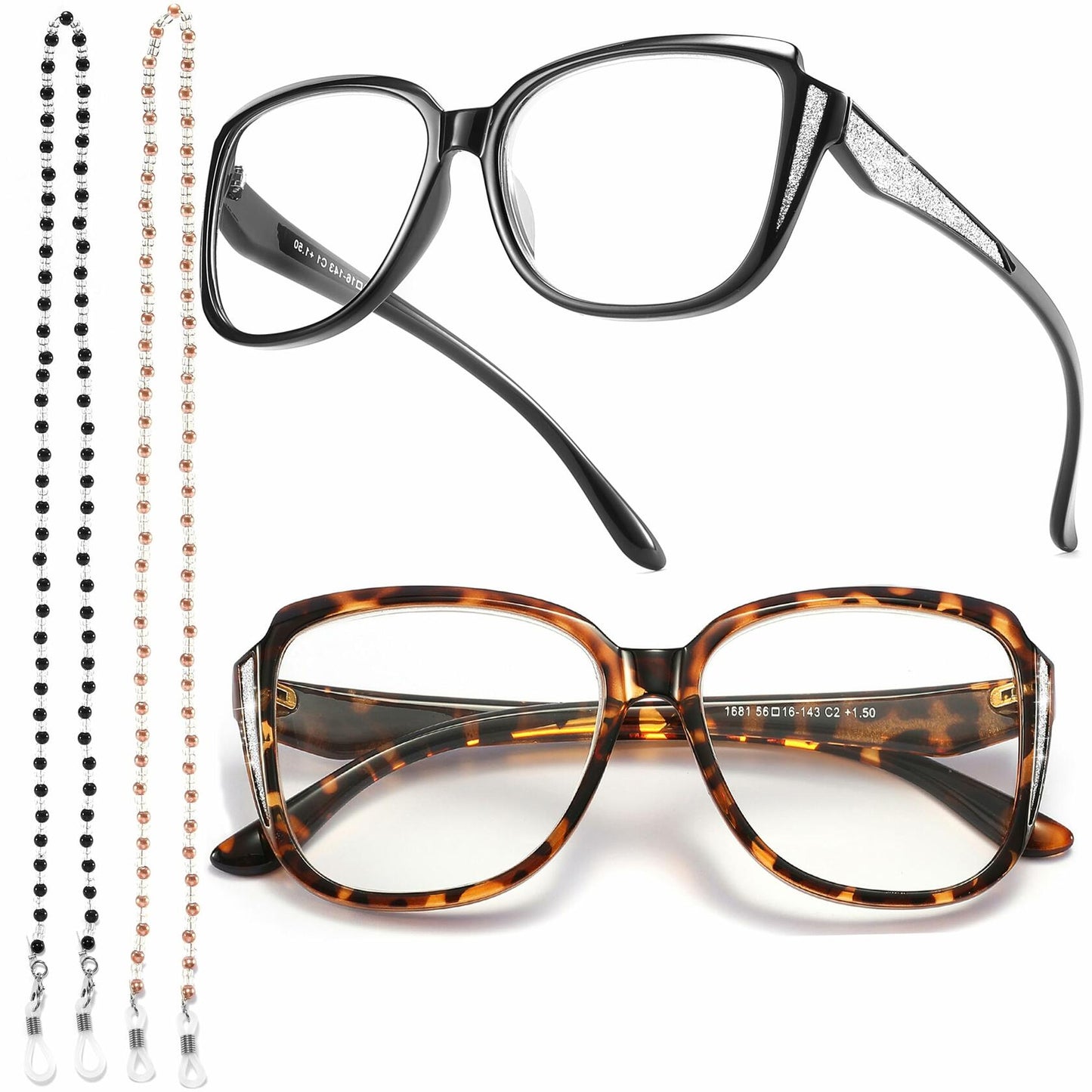 Yiwaeye Oprah Style Oversized Reading Glasses +1.5 with Chain Black/Tortoise