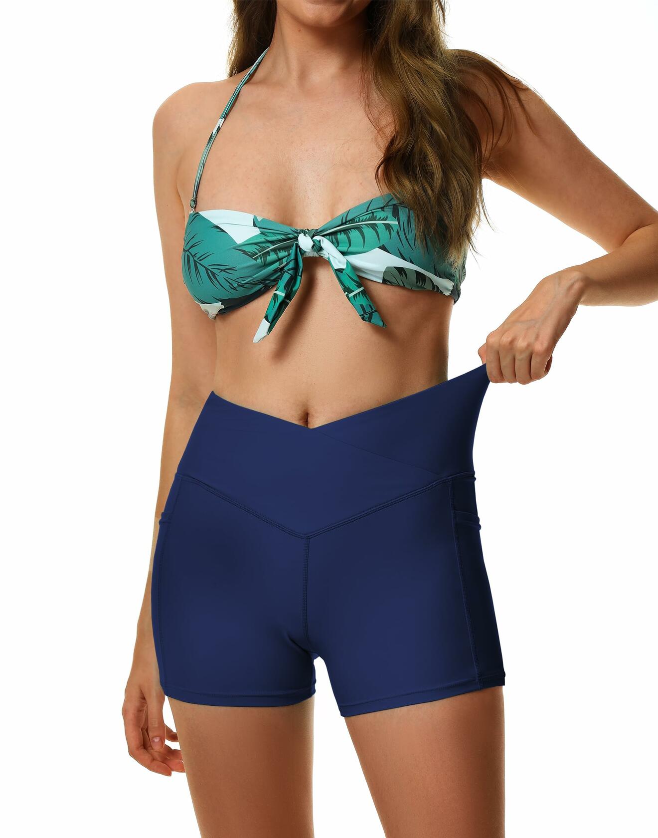 Cagola Women’s High Waist Swim Shorts 5" Inseam Quick-Dry Navy Blue L