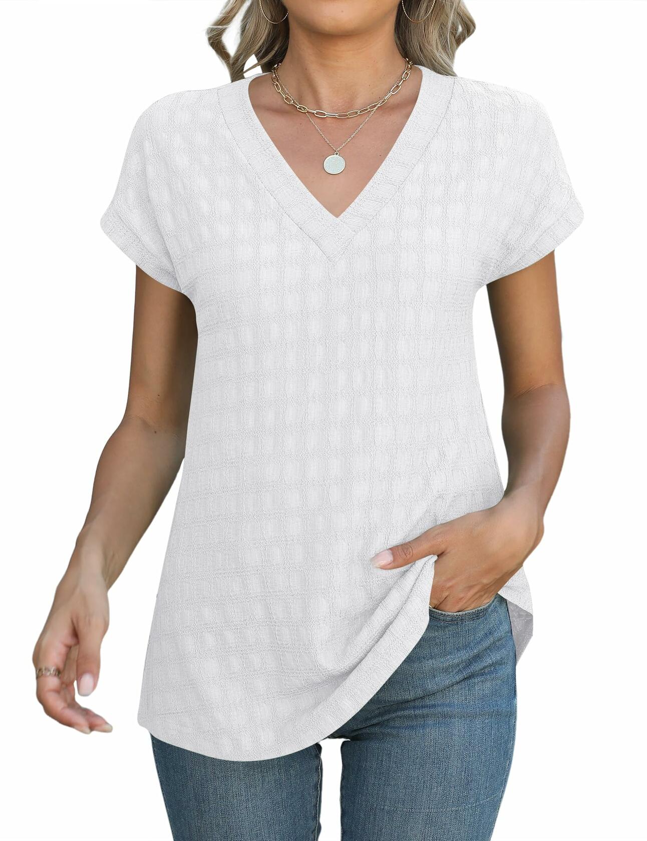 Micoson Women’s V Neck T-Shirt Short Sleeve Loose Fit Casual Top White XL