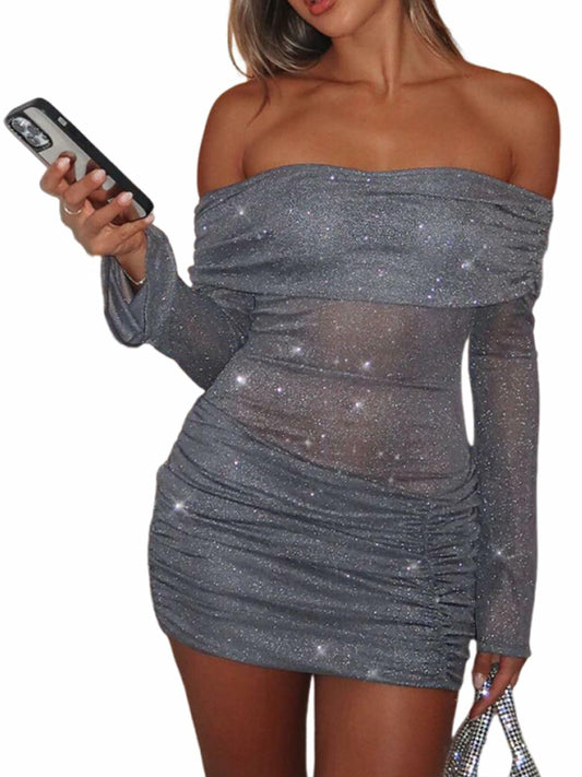Uni Clau Women’s Grey Off-Shoulder Sparkly Mini Dress XL | Long Sleeve Y2K
