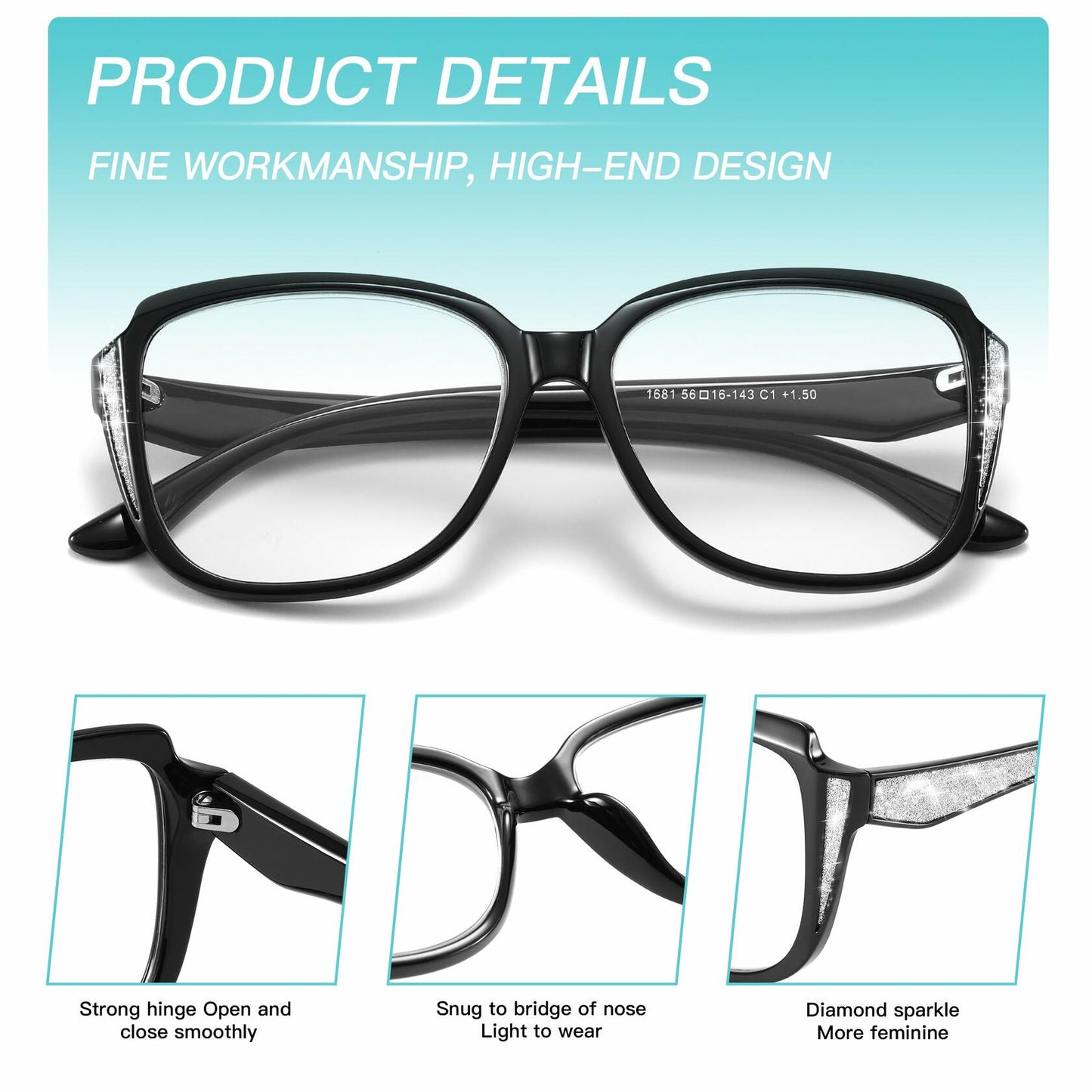 Yiwaeye Oprah Style Oversized Reading Glasses +1.5 with Chain Black/Tortoise
