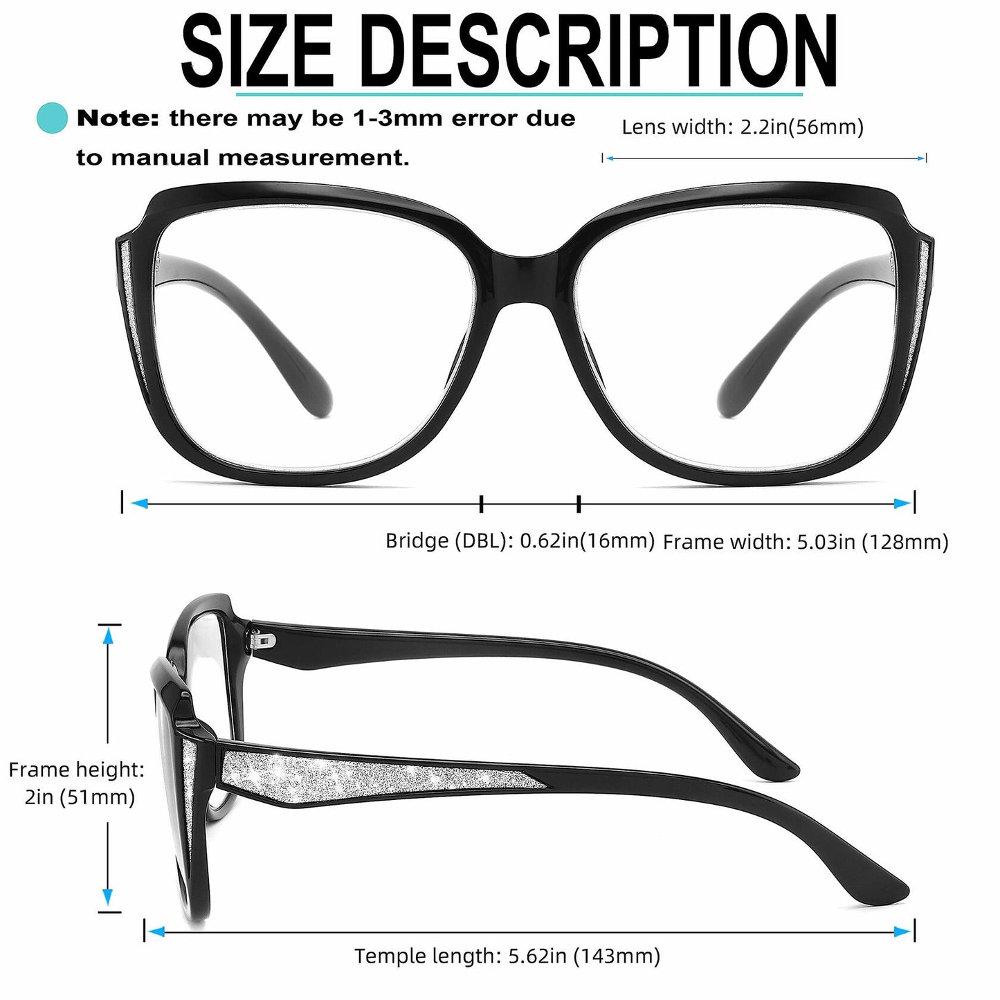Yiwaeye Oprah Style Oversized Reading Glasses +1.5 with Chain Black/Tortoise