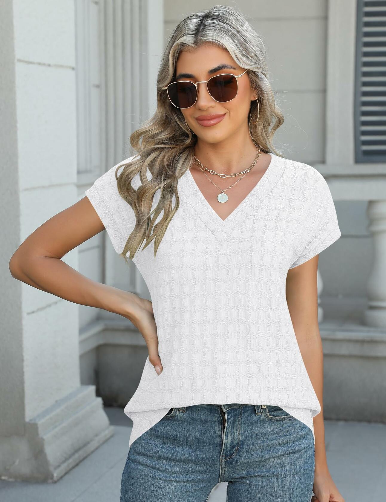 Micoson Women’s V Neck T-Shirt Short Sleeve Loose Fit Casual Top White XL