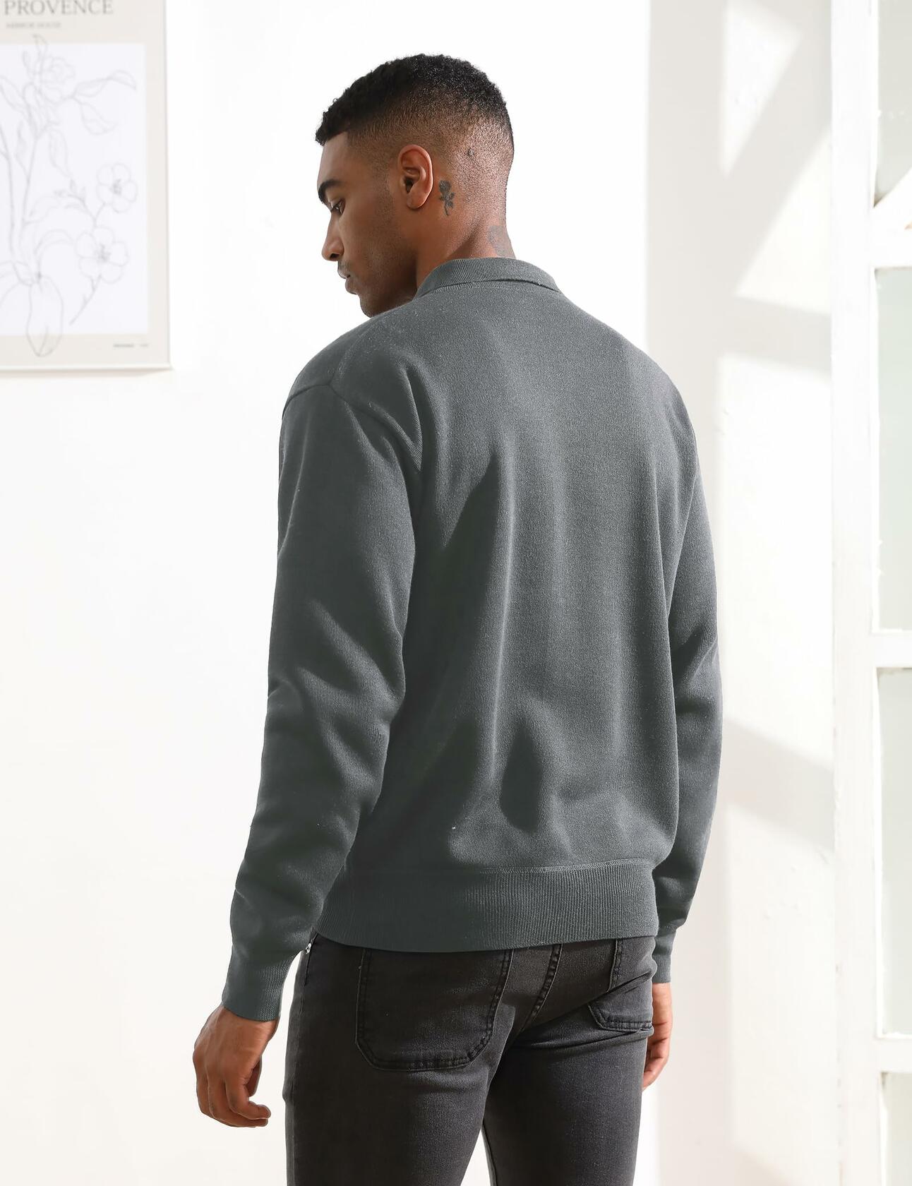 Thkzn Men’s Knit Polo Sweater Grey Long Sleeve Fleece Lined XL Classic