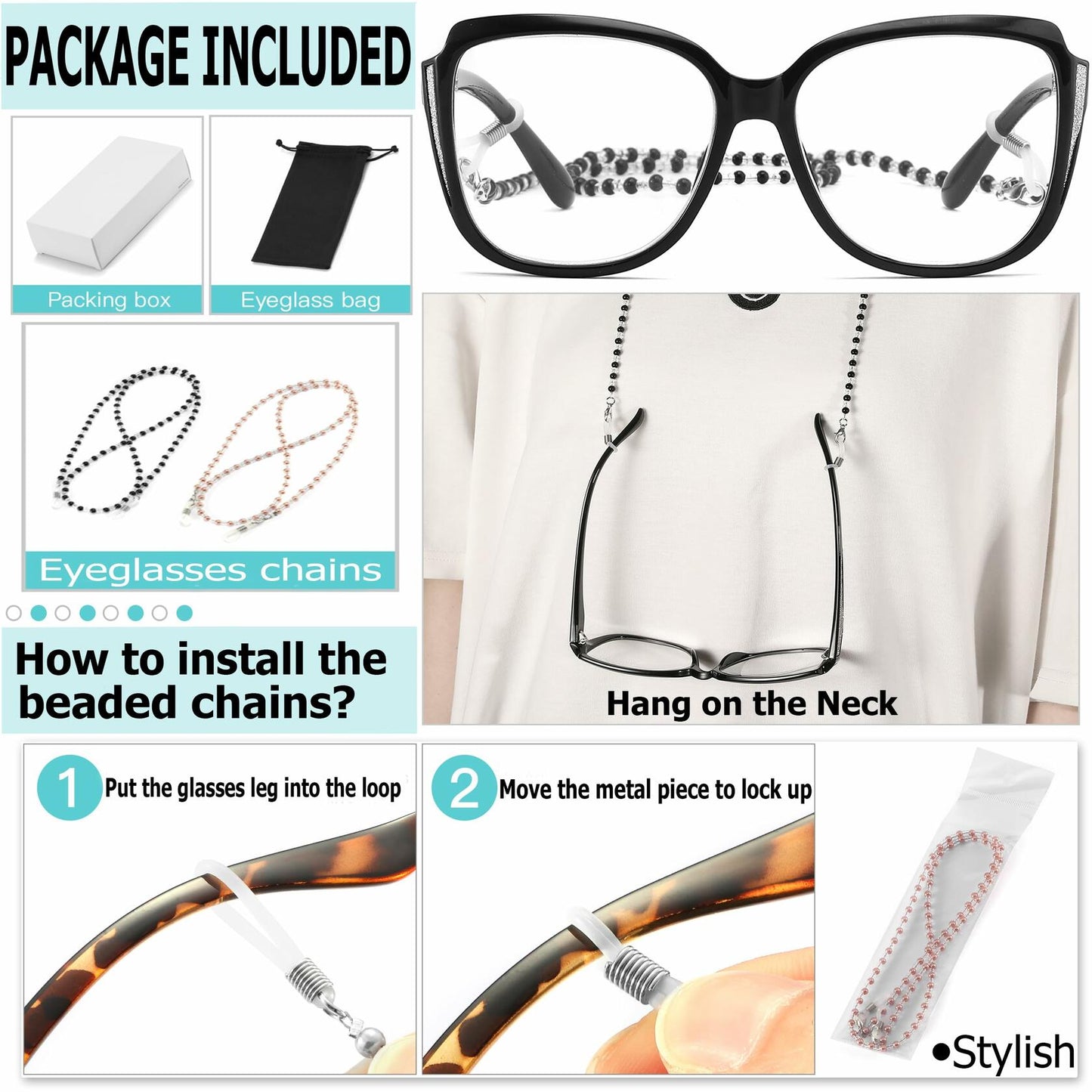 Yiwaeye Oprah Style Oversized Reading Glasses +1.5 with Chain Black/Tortoise