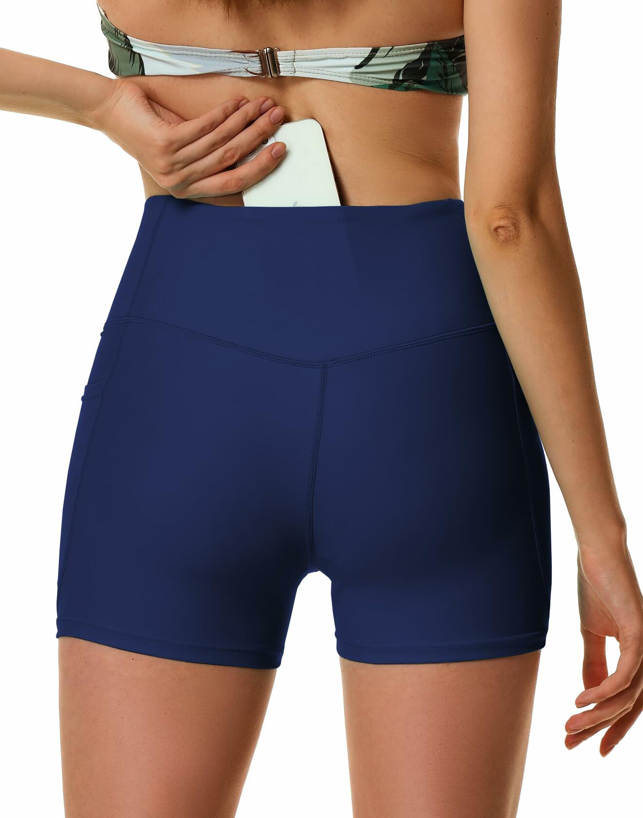Cagola Women’s High Waist Swim Shorts 5" Inseam Quick-Dry Navy Blue L