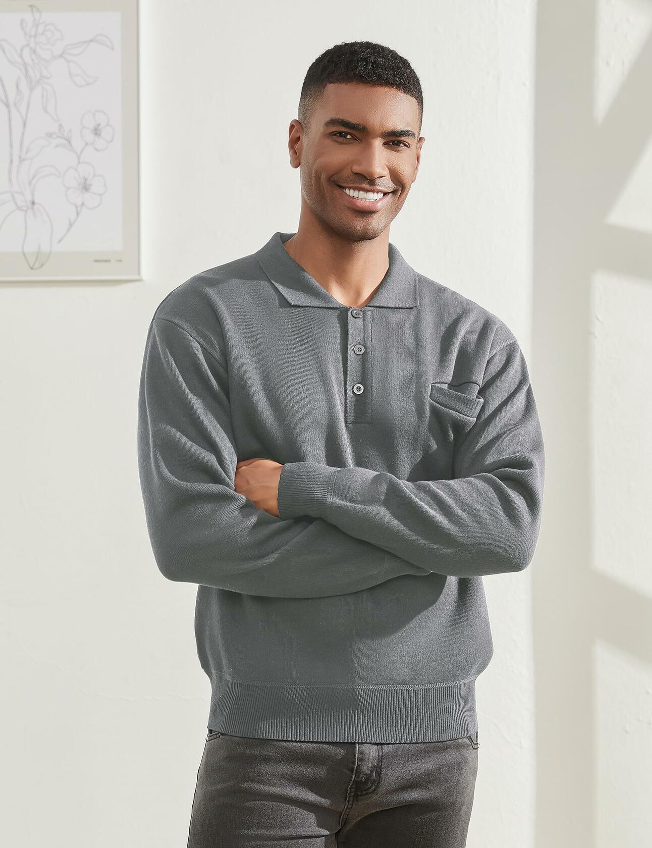 Thkzn Men’s Knit Polo Sweater Grey Long Sleeve Fleece Lined XL Classic