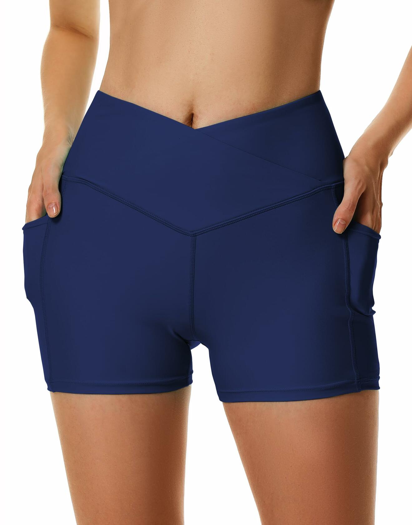 Cagola Women’s High Waist Swim Shorts 5" Inseam Quick-Dry Navy Blue L