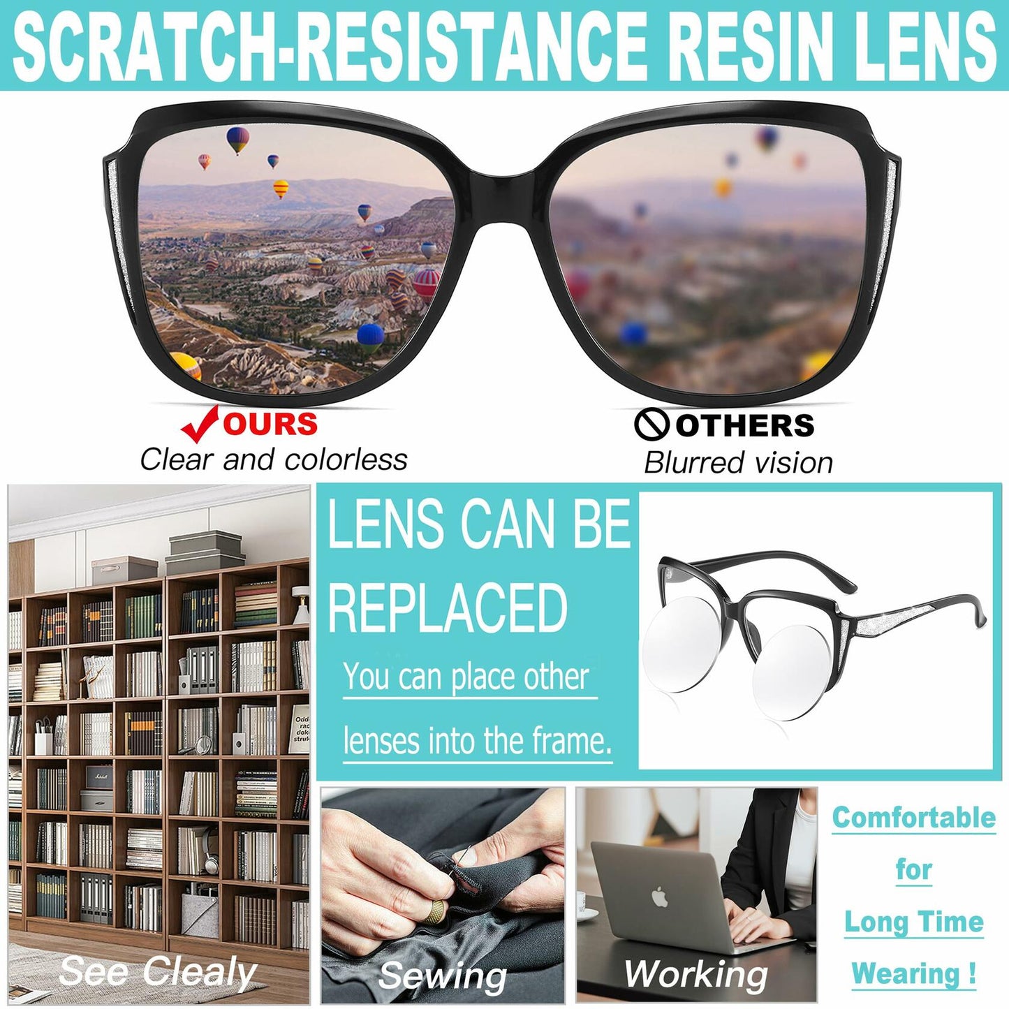 Yiwaeye Oprah Style Oversized Reading Glasses +1.5 with Chain Black/Tortoise